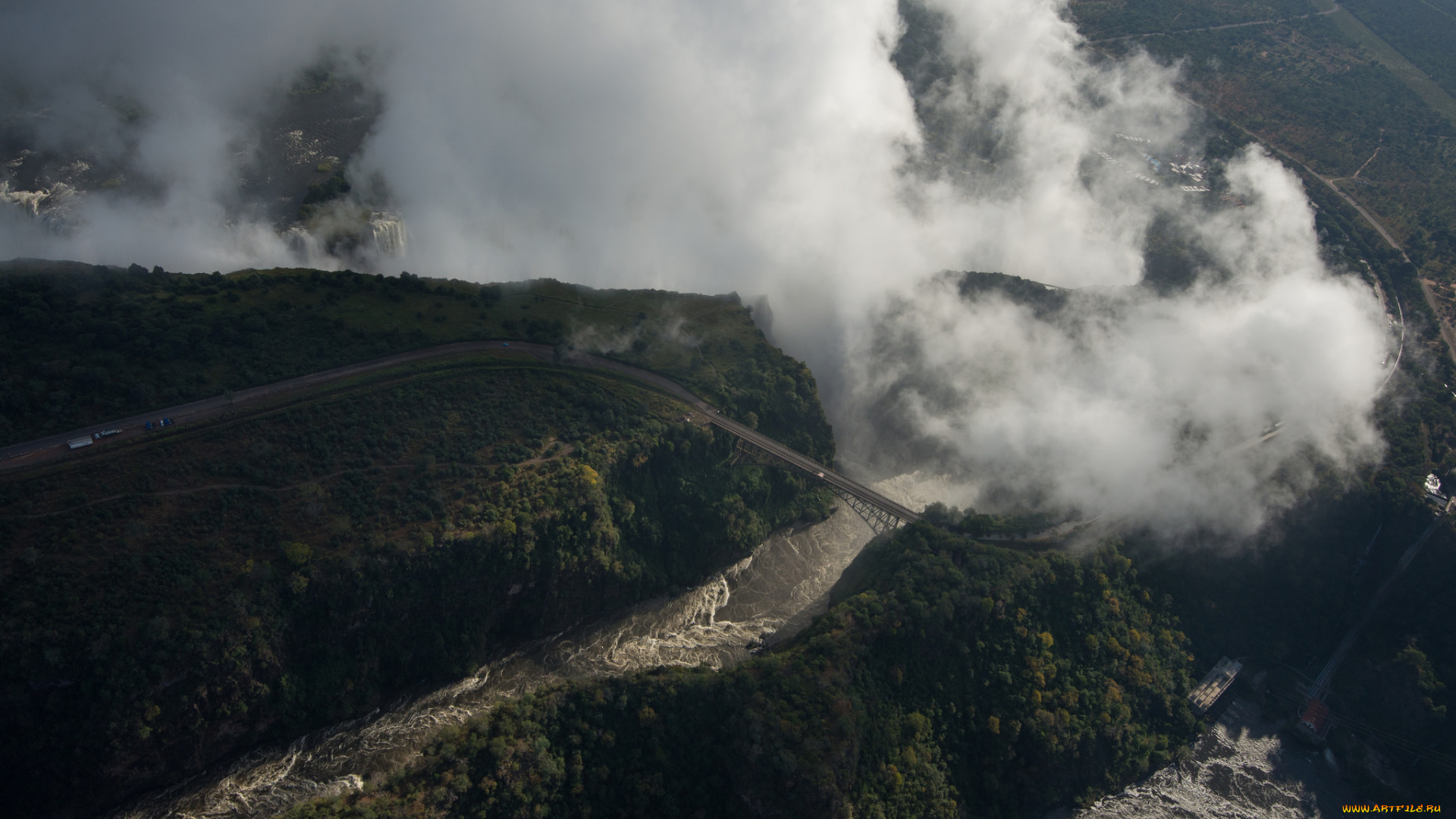 природа, водопады, мост, местность, пар, сверху, вид, дорога, облако, река