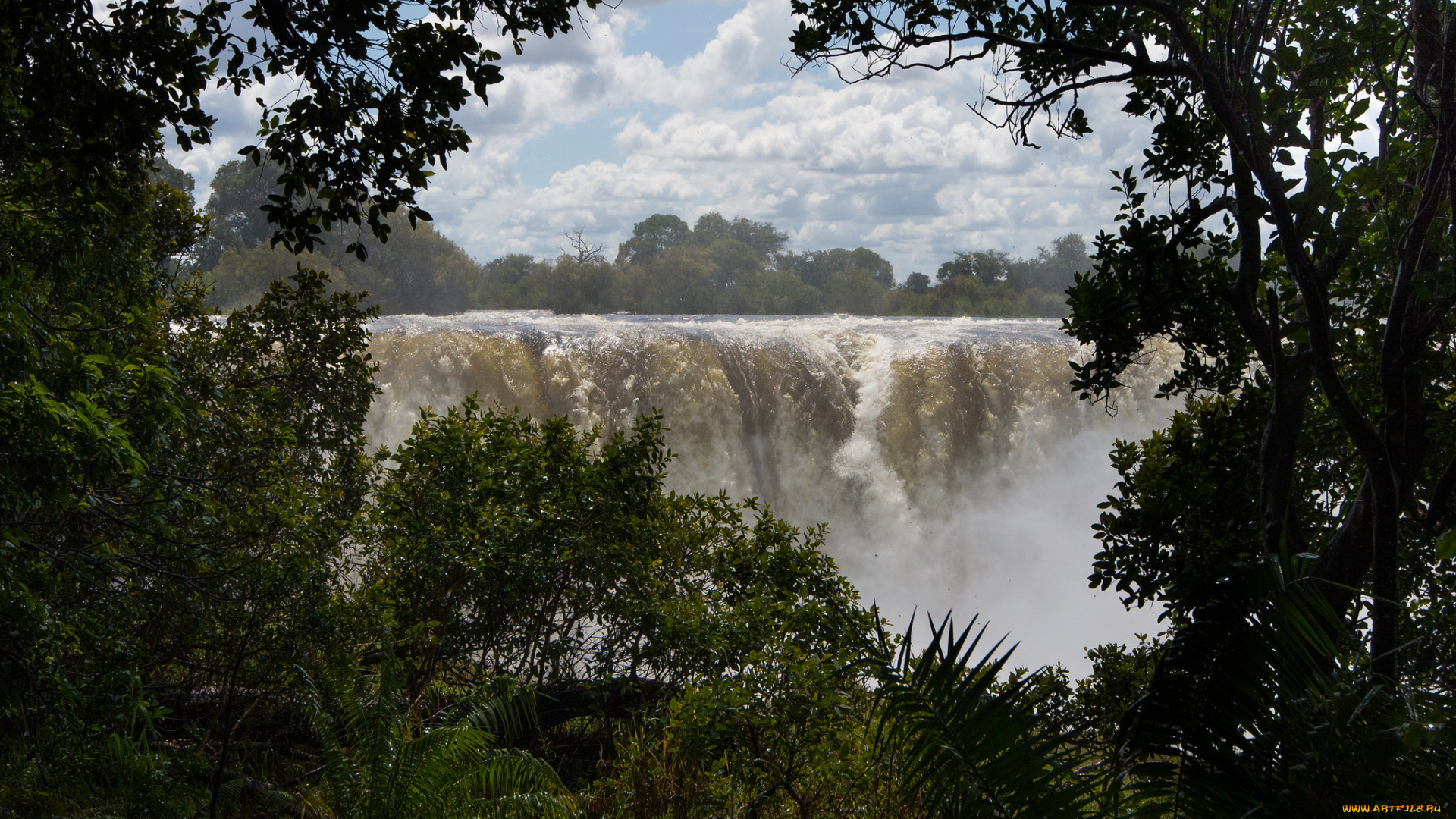 природа, водопады, облака, небо, водопад, зелень, растения, деревья