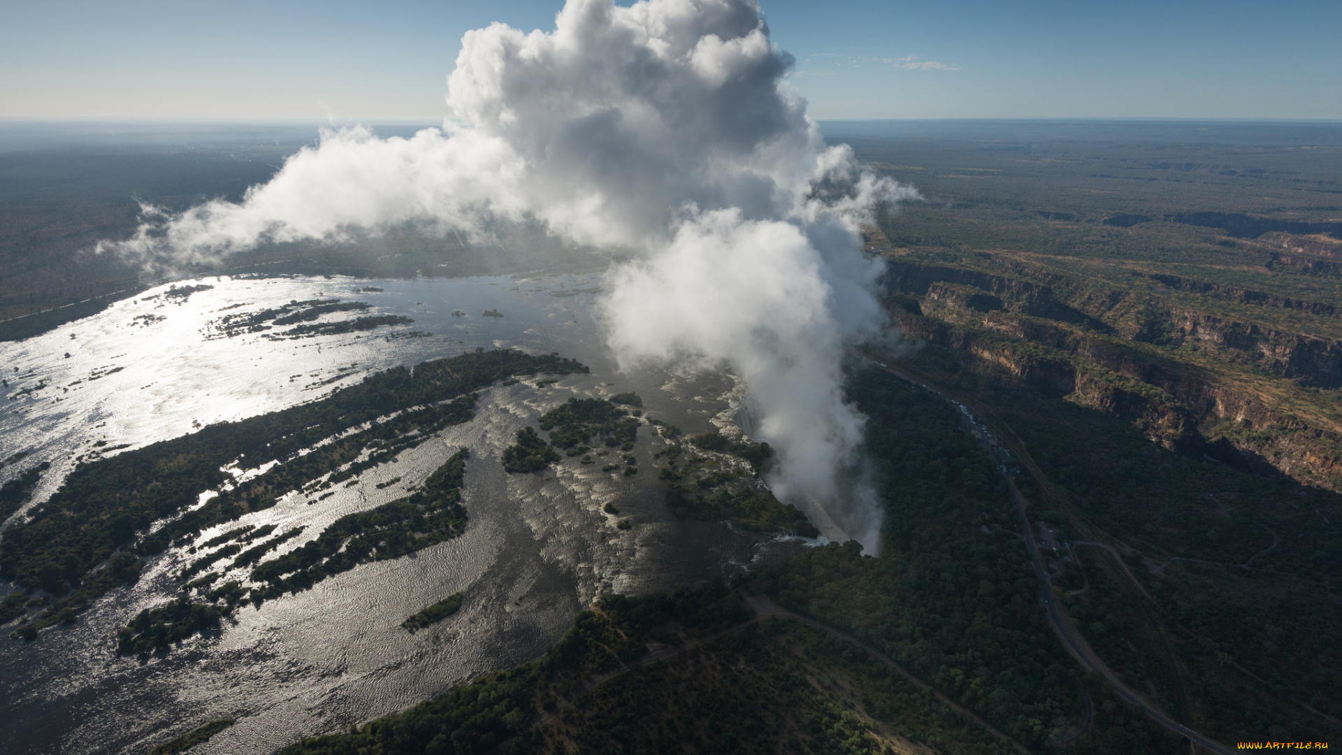 природа, водопады, облако, местность, вид, небо, вода, пар, сверху