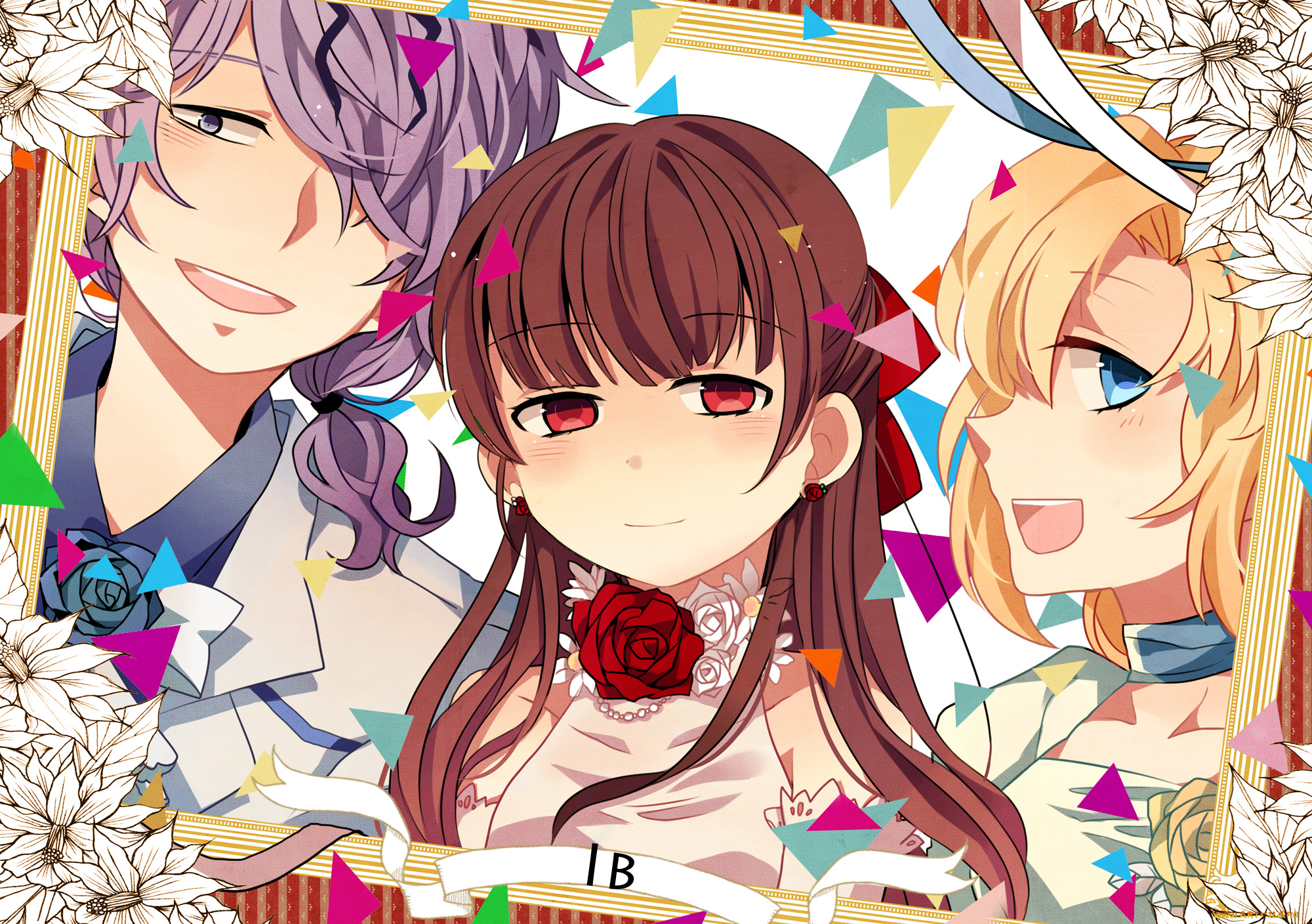 аниме, ib, цветы, портрет, eve, розы, рамка, garry, девушки, парень, mary