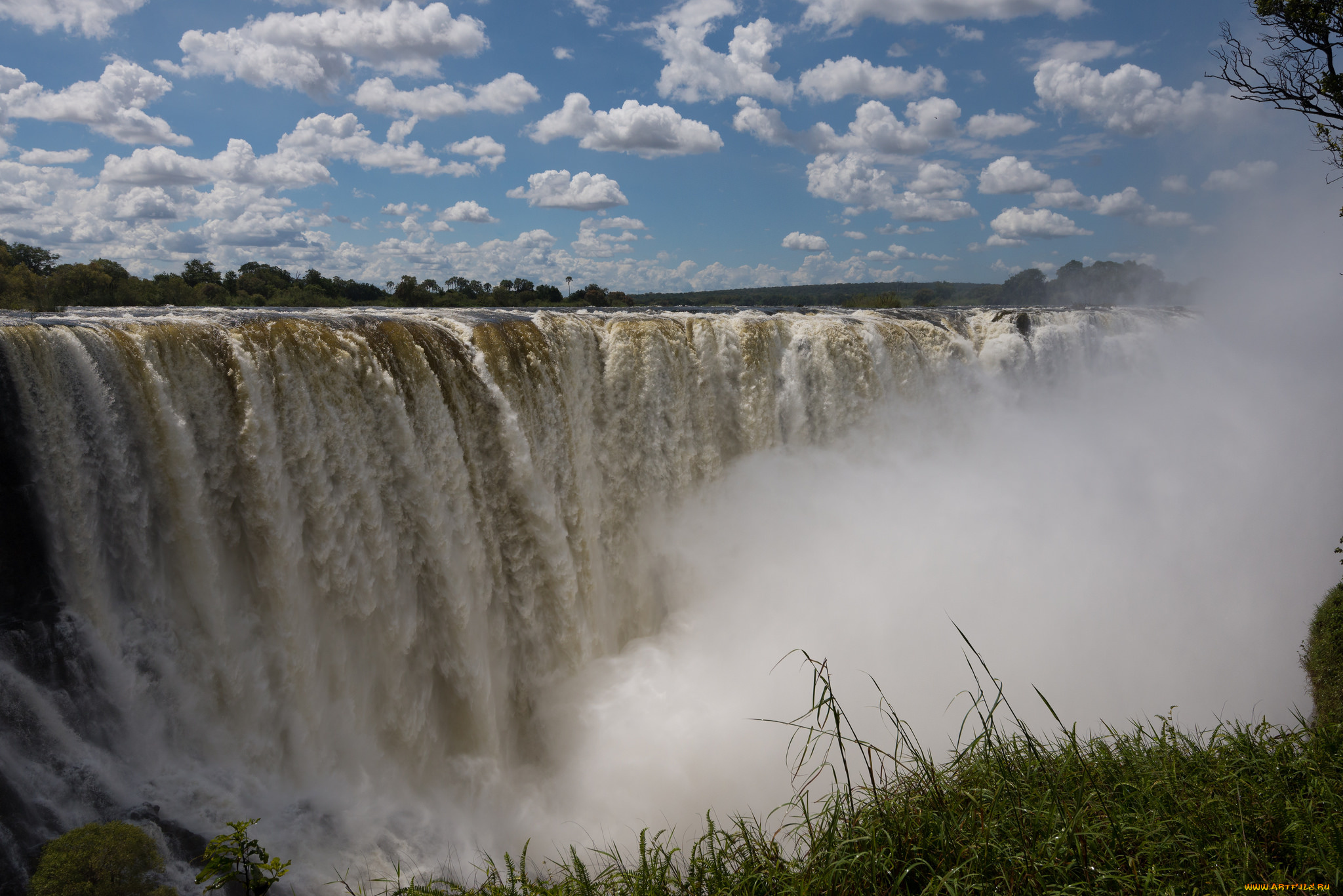 природа, водопады, трава, облака, небо, водопад, пар