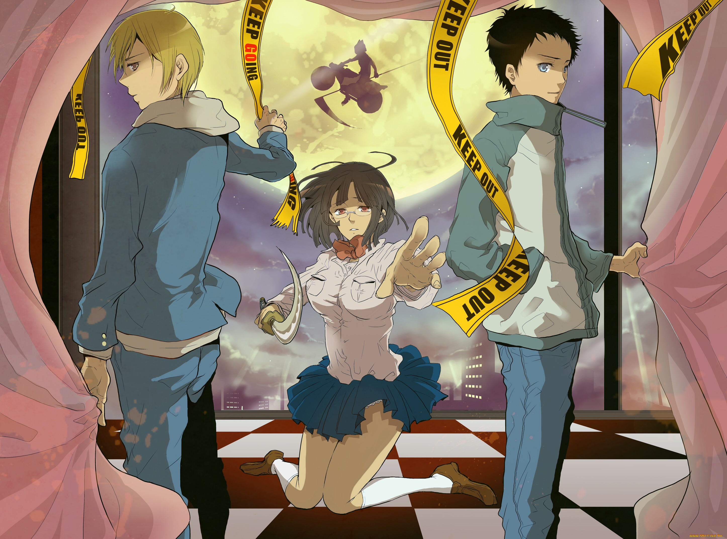 аниме, dyurarara, мотоцикл, коса, клетчатый, пол, ночь, лента, луна, шторы, мужчина, окно, дюрарара, арт, персонажи, девушка, меч, kida, masaomi, celty, sturluson, sonohara, anri, ryuugamine, mikado