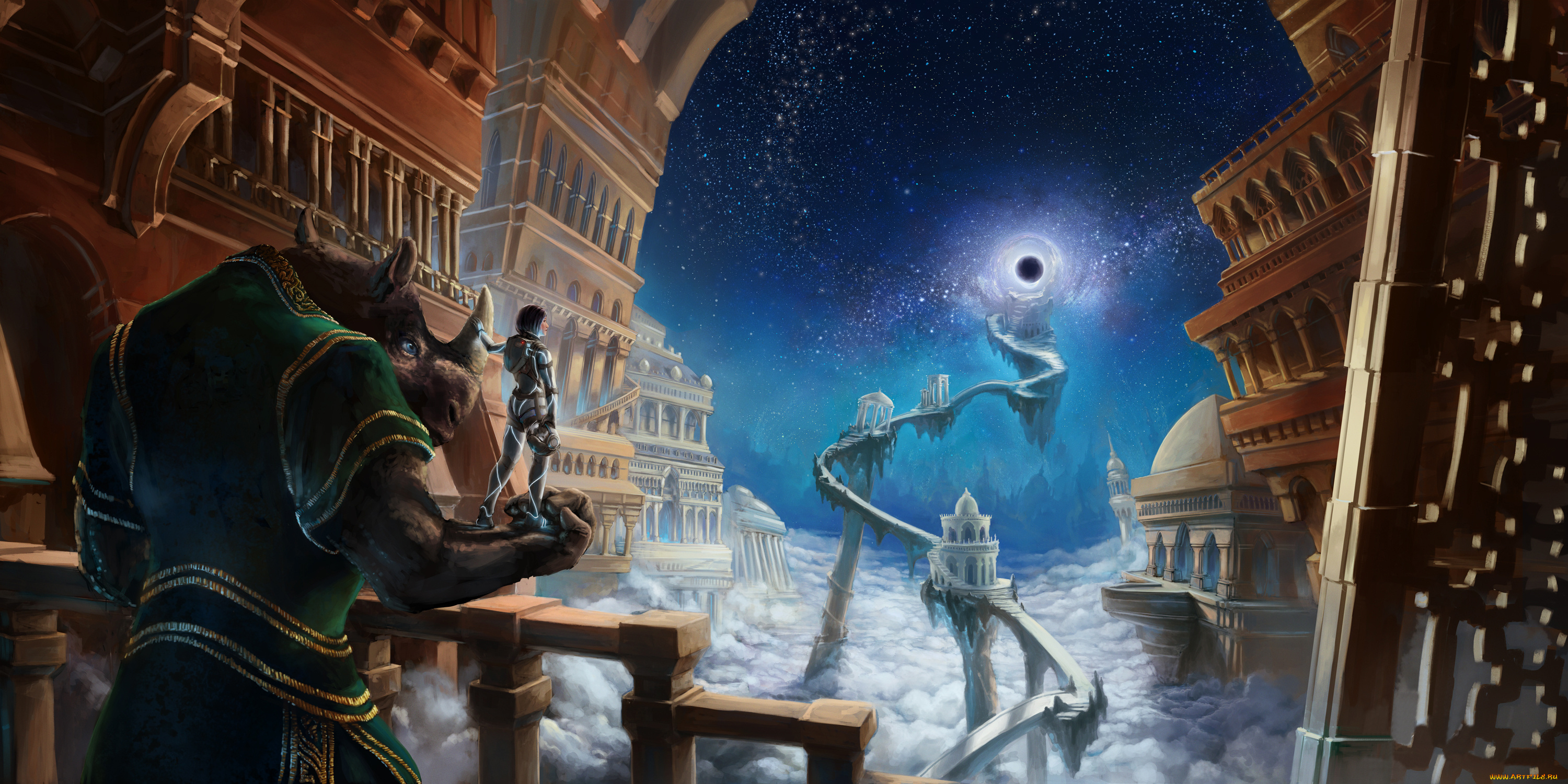 фэнтези, иные, миры, , иные, времена, девушка, облака, путь, портал, замок, носорог, дорога, путешественник