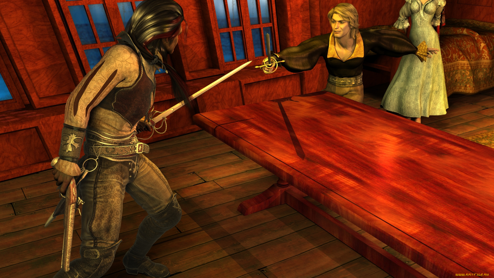 3д, графика, фантазия, , fantasy, фон, взгляд, девушка, оружие, стол, мужчины