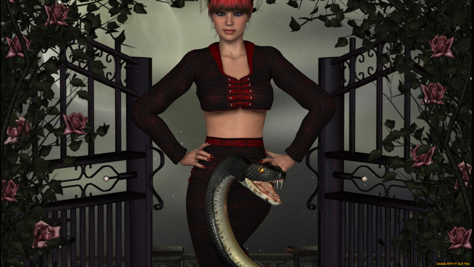 3д, графика, фантазия, , fantasy, змея, фон, взгляд, девушка