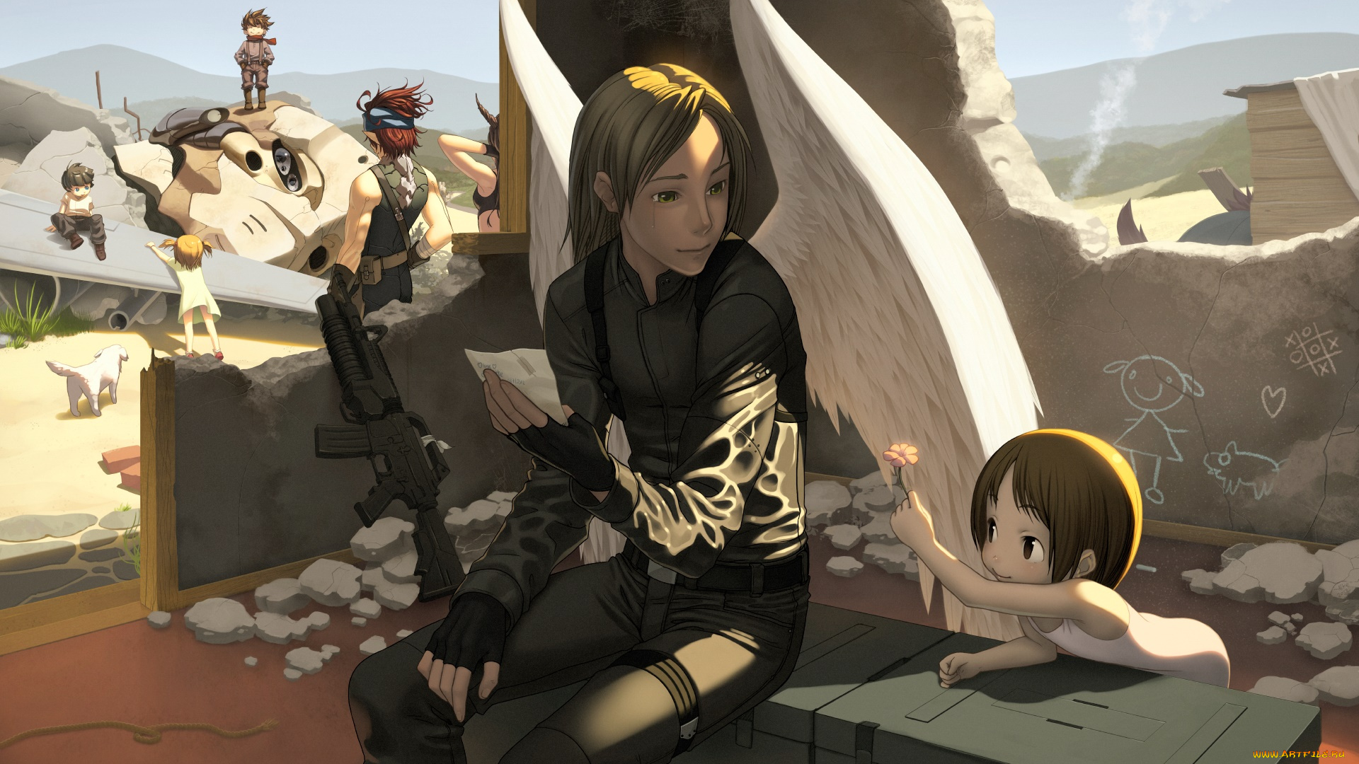 аниме, ангелы, , демоны, дети, оружие, фон, взгляд, мужчина, цветок, небо, ангел, крылья, развалины