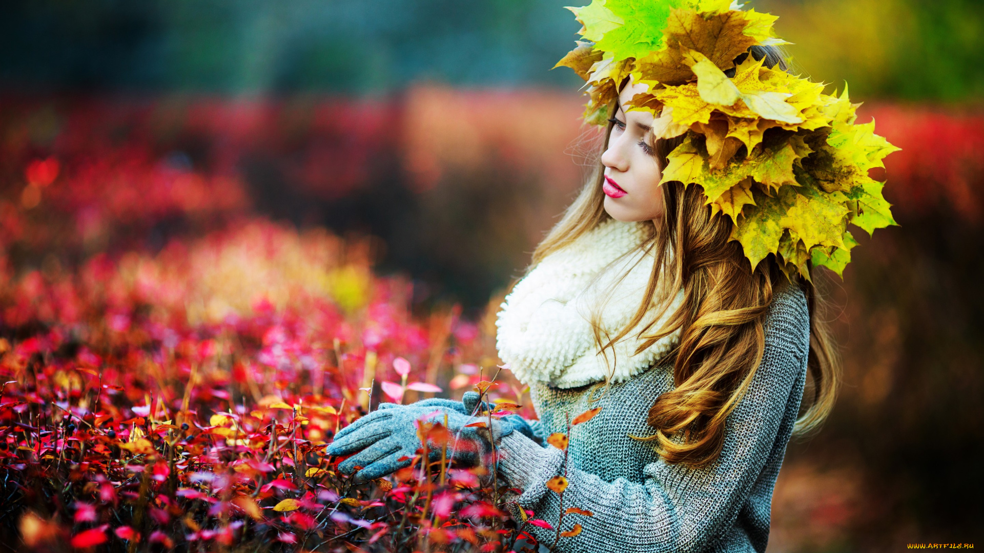 девушки, -unsort, , блондинки, осень, girl, девушка, maple, клён, осенние, листья, woman, leaves, autumn, fall