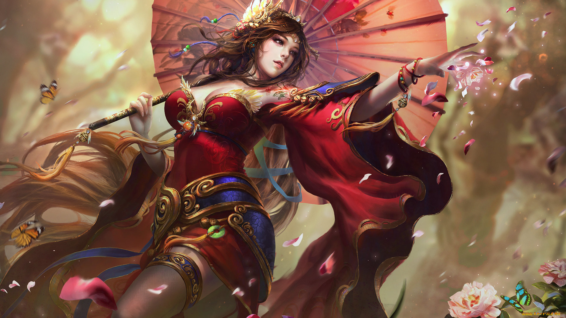 фэнтези, девушки, арт, магия, бабочки, зонтик, взгляд, фэнтази, девушка