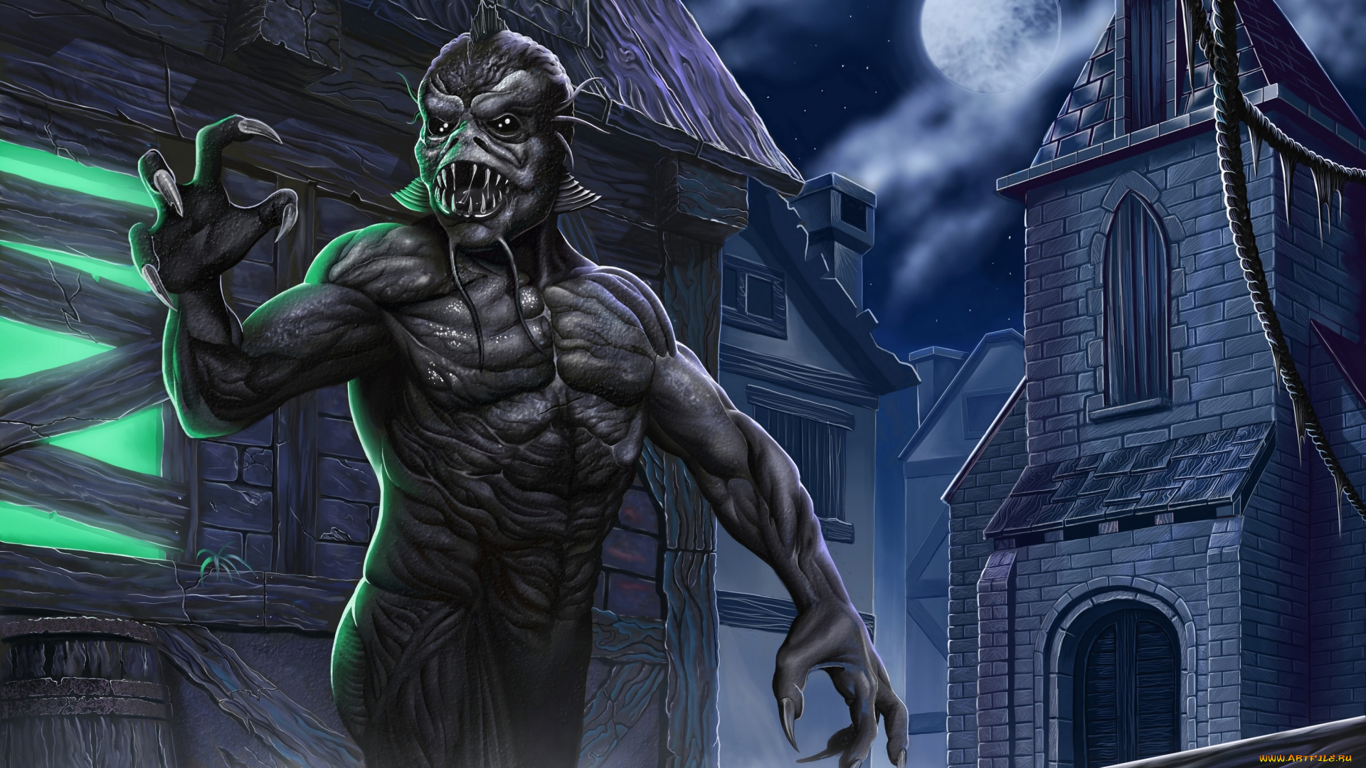 фэнтези, существа, здания, лунная, ночь, существо, чудовище, монстр