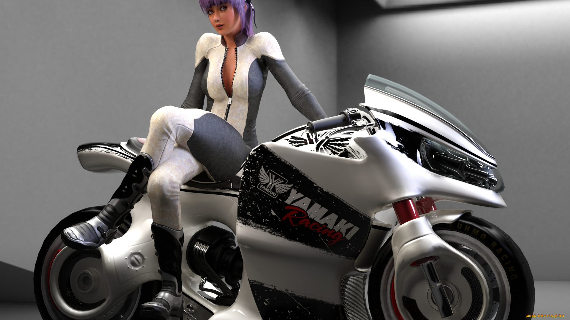 мотоциклы, 3d, мотоцикл, фон, девушка, взгляд
