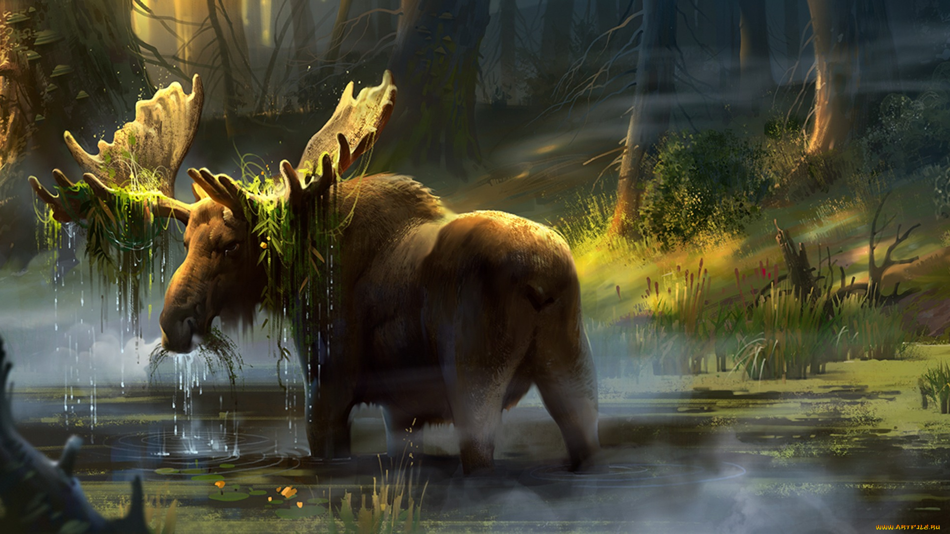 рисованное, животные, , лоси, деревья, рога, art, лось, лес, болота