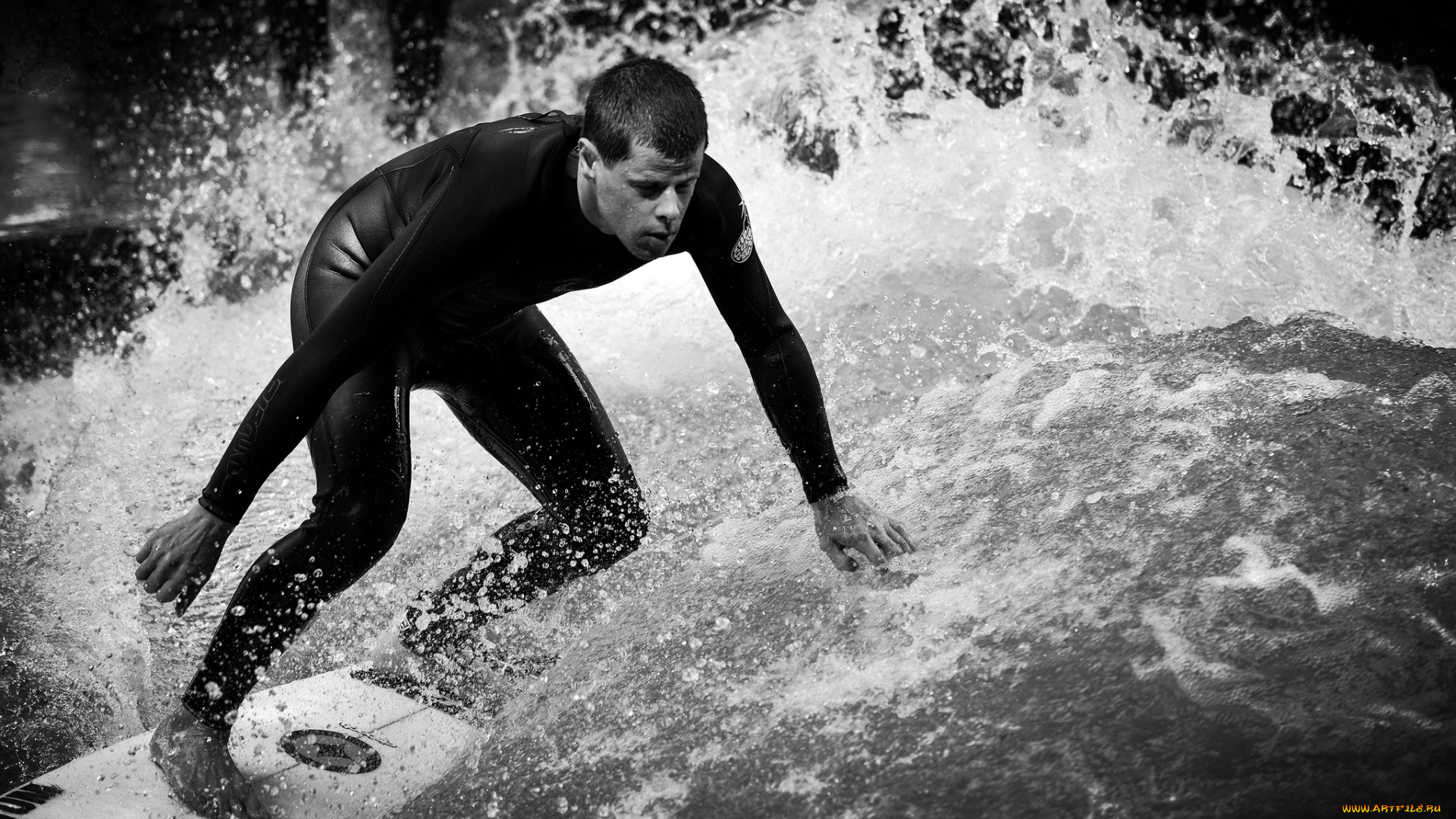 спорт, серфинг, парень, брызги, вода, сёрфинг