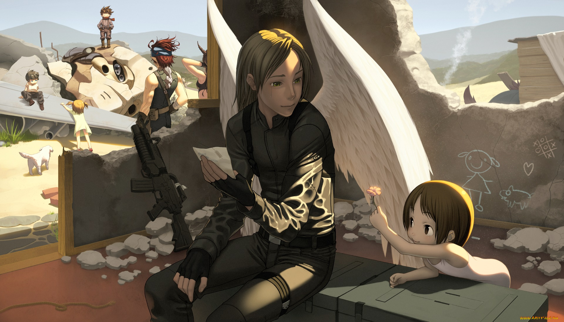 аниме, ангелы, , демоны, дети, оружие, фон, взгляд, мужчина, цветок, небо, ангел, крылья, развалины