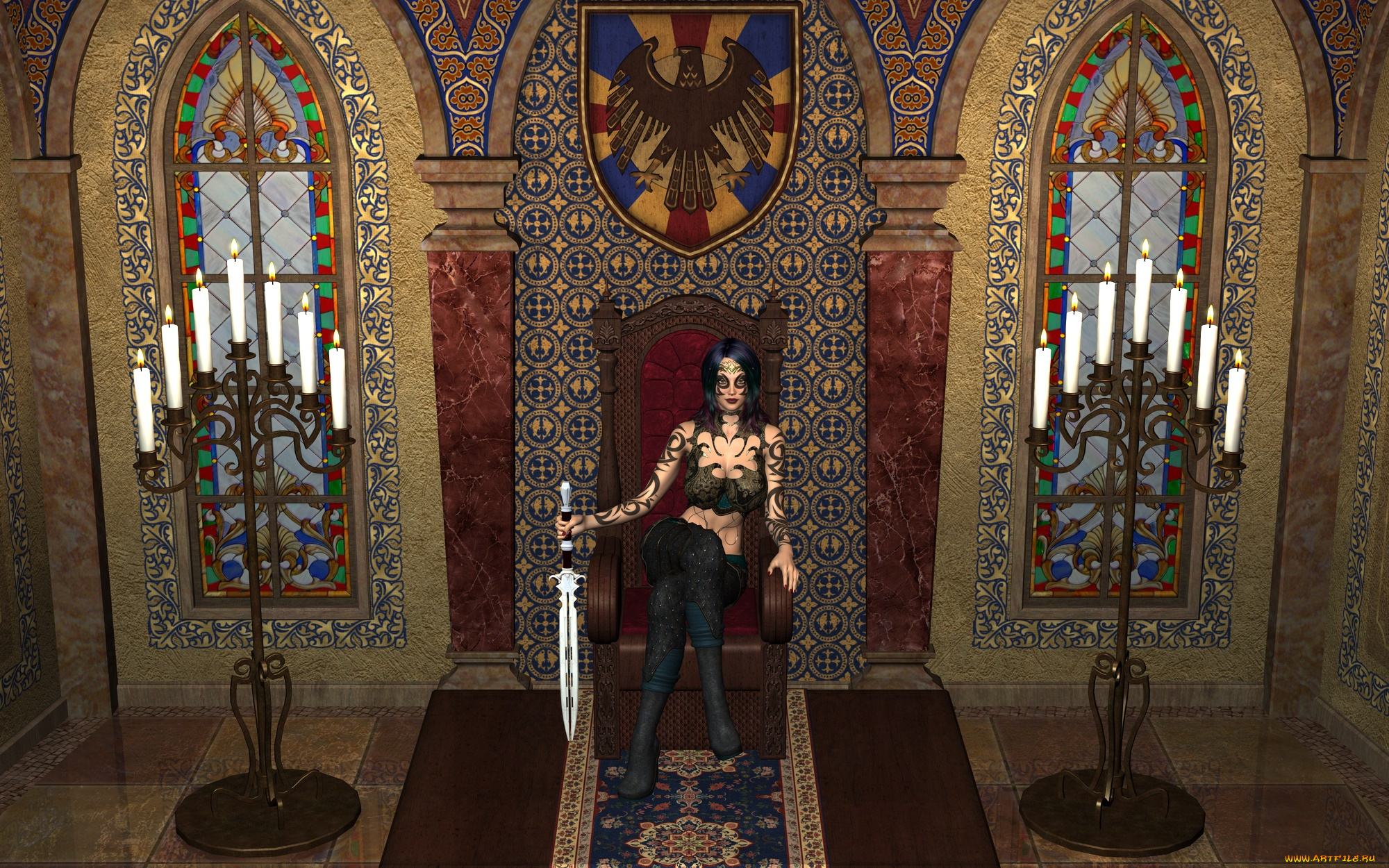 3д, графика, фантазия, , fantasy, тату, оружие, фон, взгляд, девушка