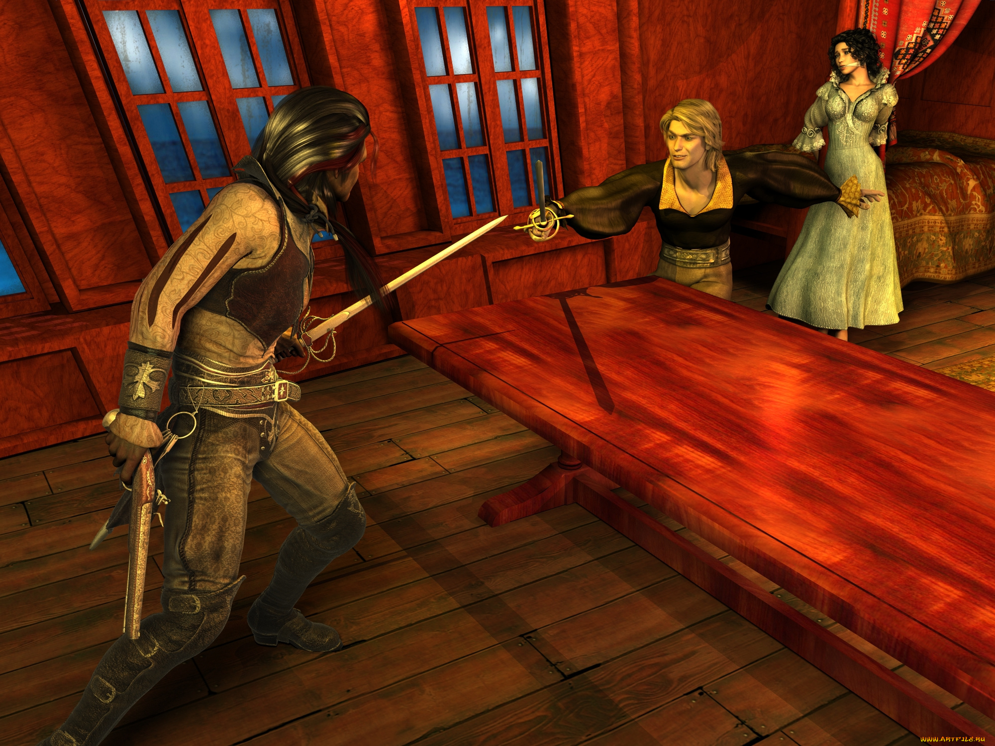 3д, графика, фантазия, , fantasy, фон, взгляд, девушка, оружие, стол, мужчины