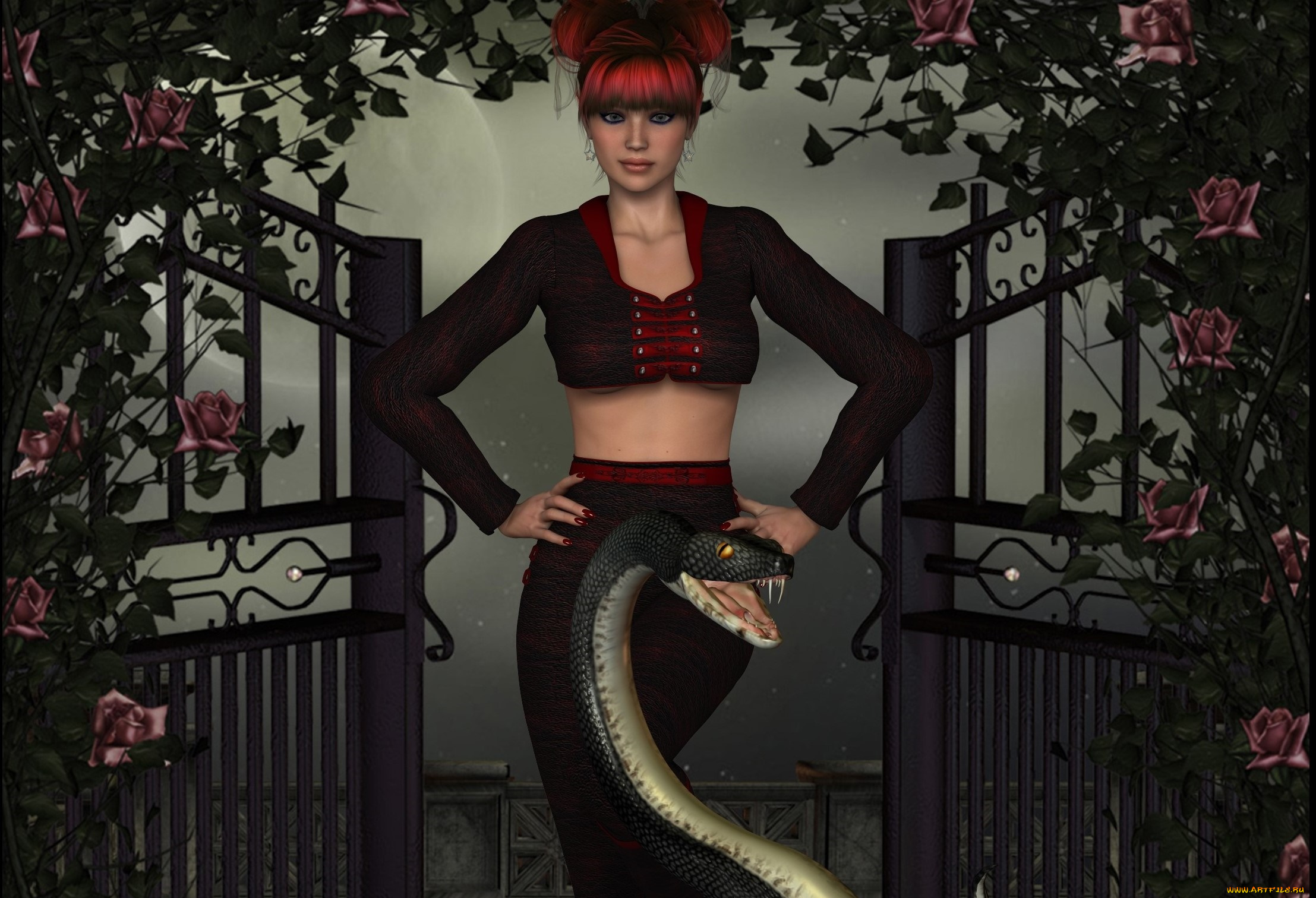3д, графика, фантазия, , fantasy, змея, фон, взгляд, девушка