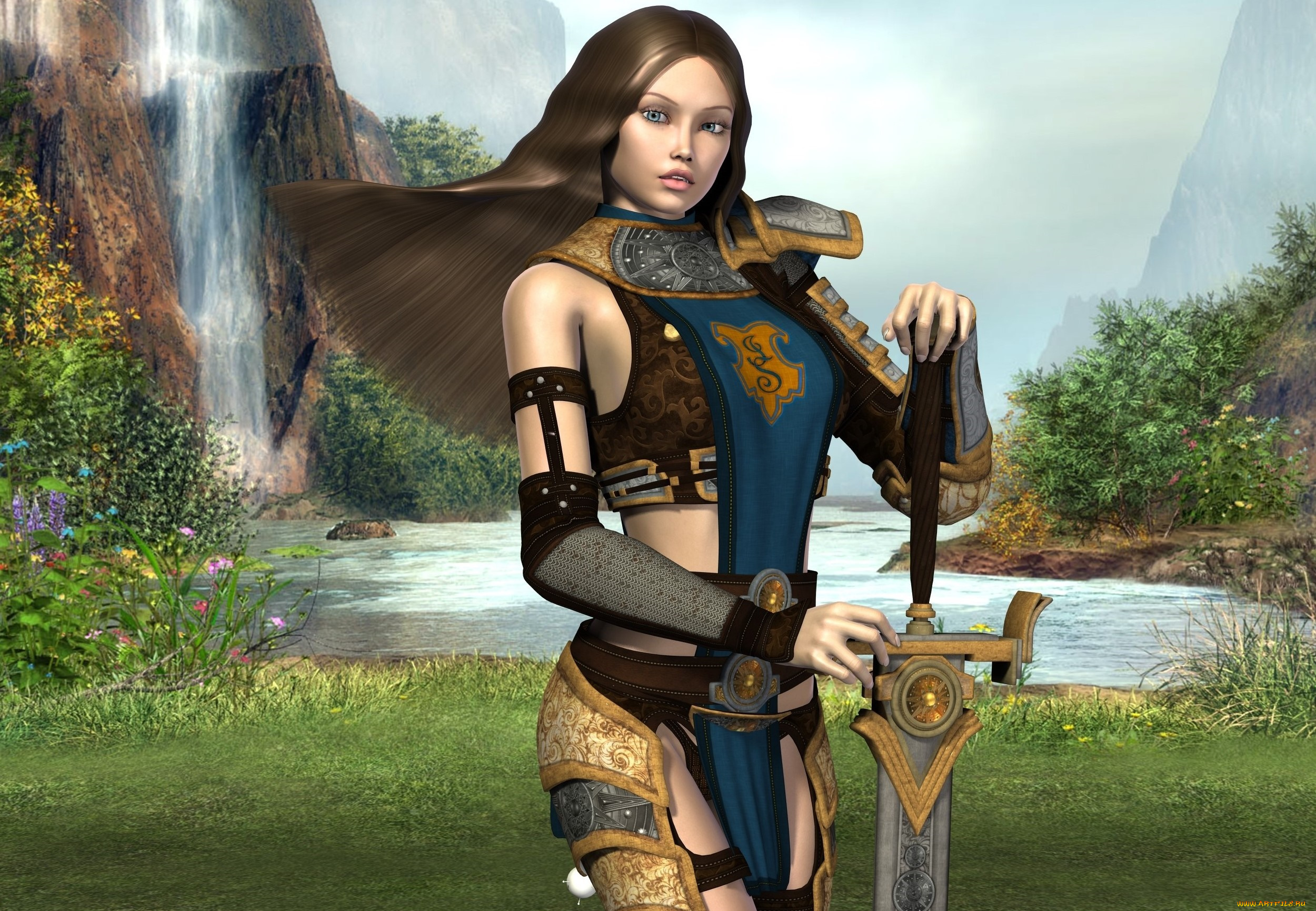 3д, графика, амазонки, , amazon, девушка, взгляд, фон, оружие