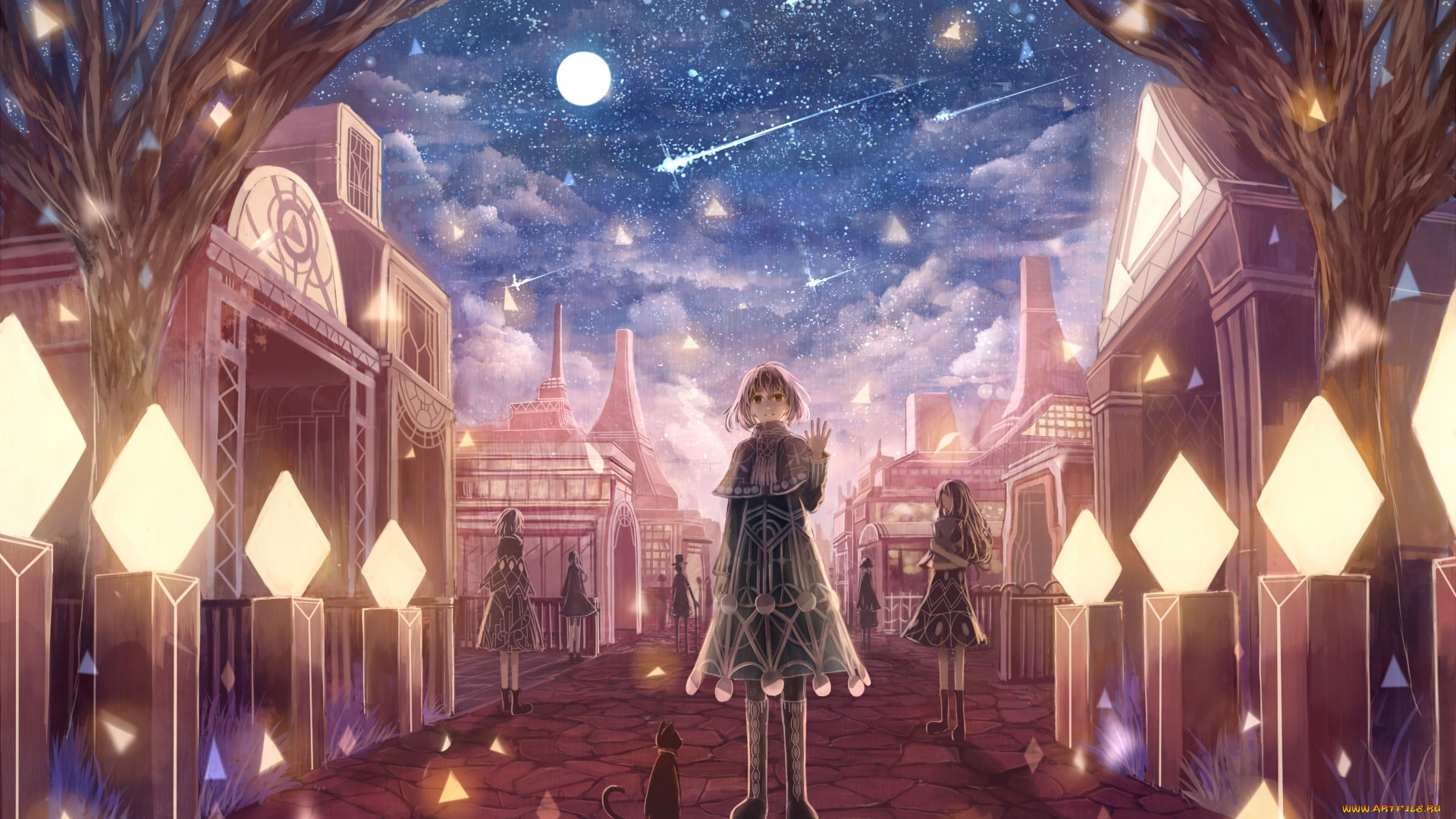 аниме, город, , улицы, , здания, девочки