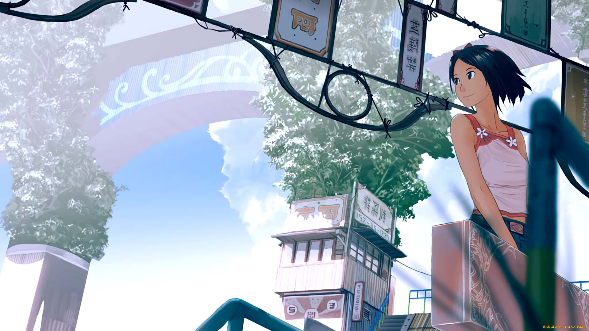 аниме, город, , улицы, , здания, девушка, взгляд, фон