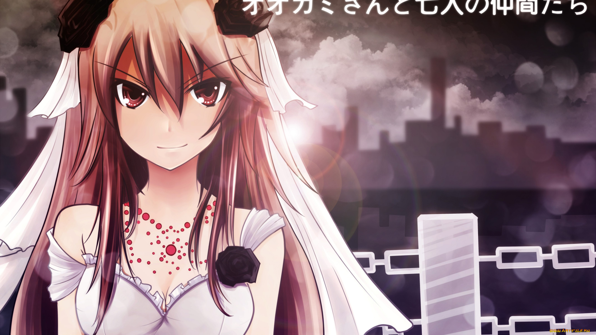 аниме, ookami-san, to, shichinin, no, nakama-tachi, девушка, взгляд, фон