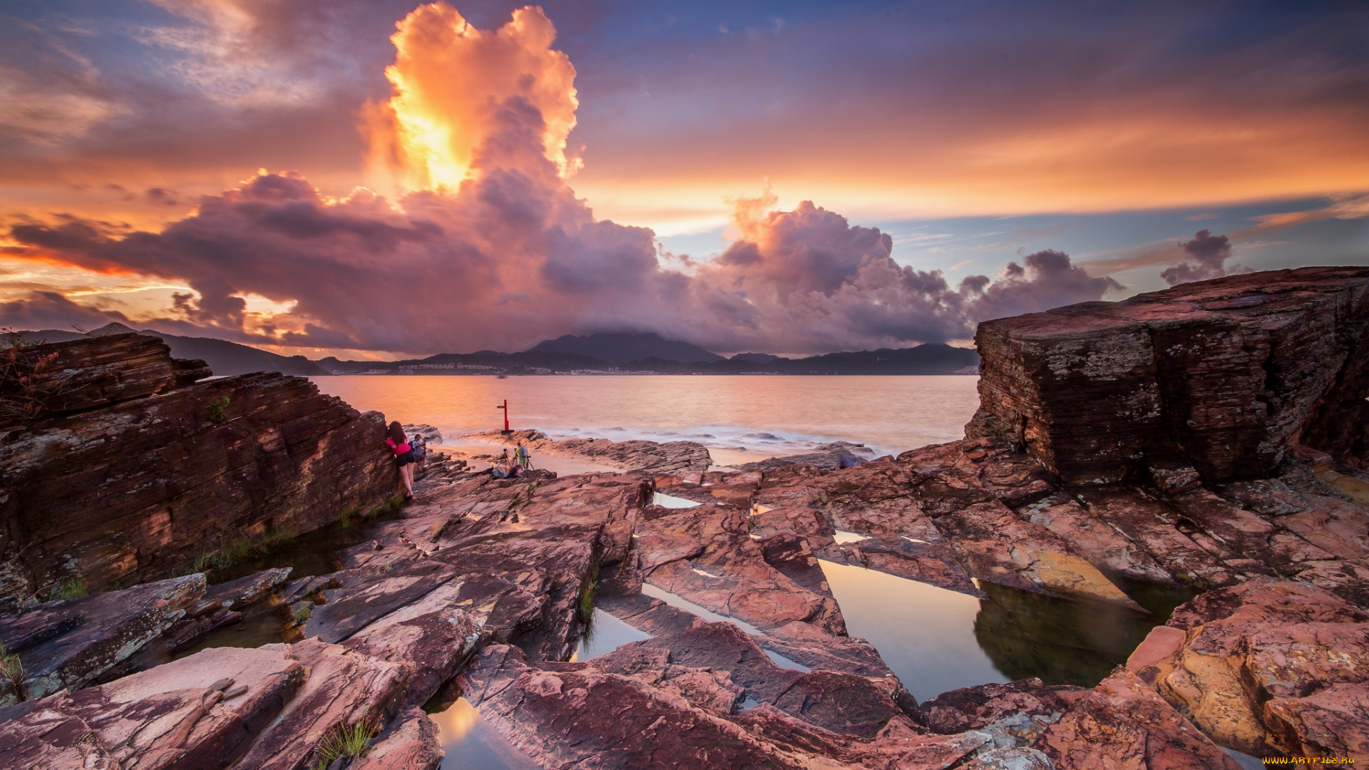 природа, побережье, закат, скалы, озеро, горы