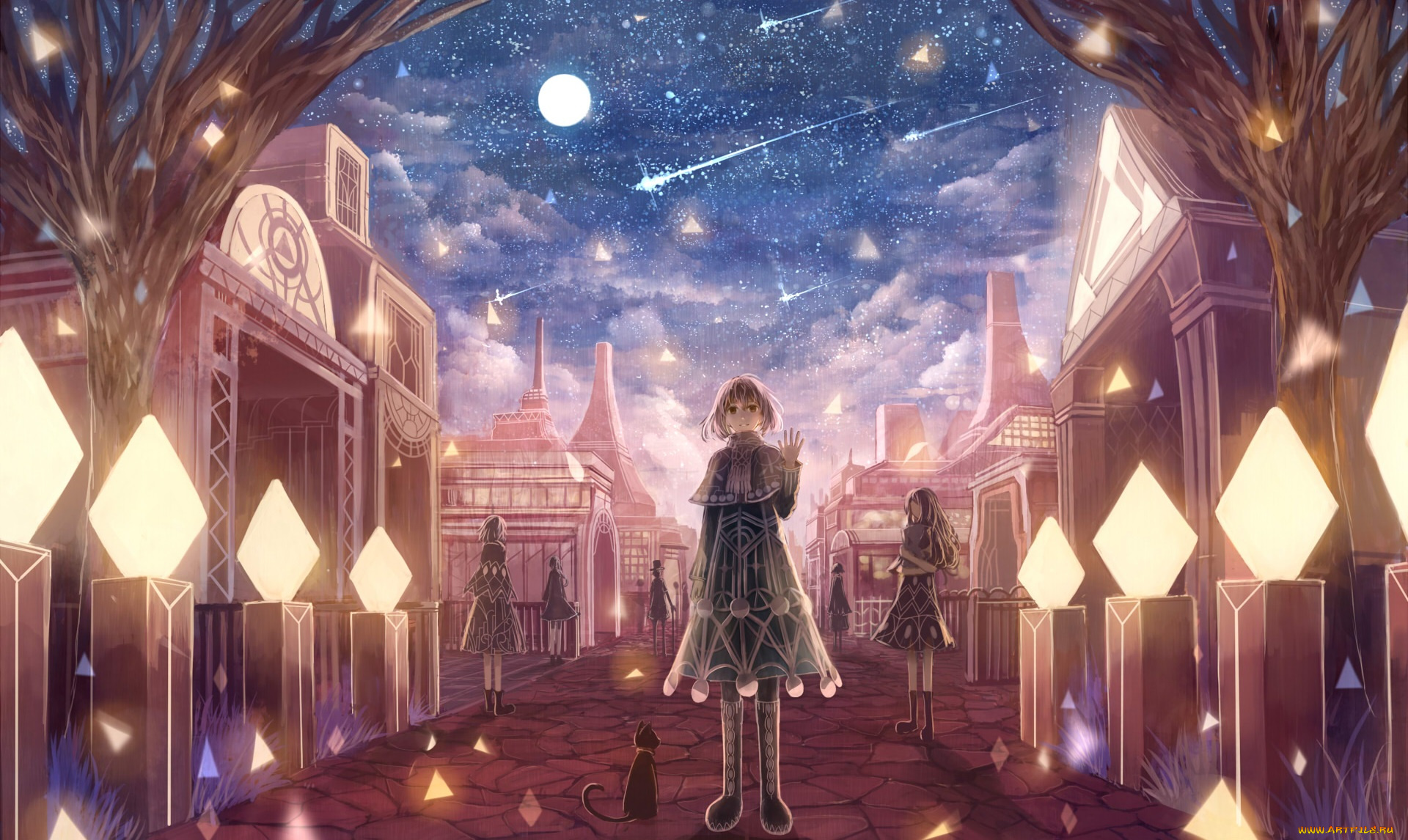 аниме, город, , улицы, , здания, девочки