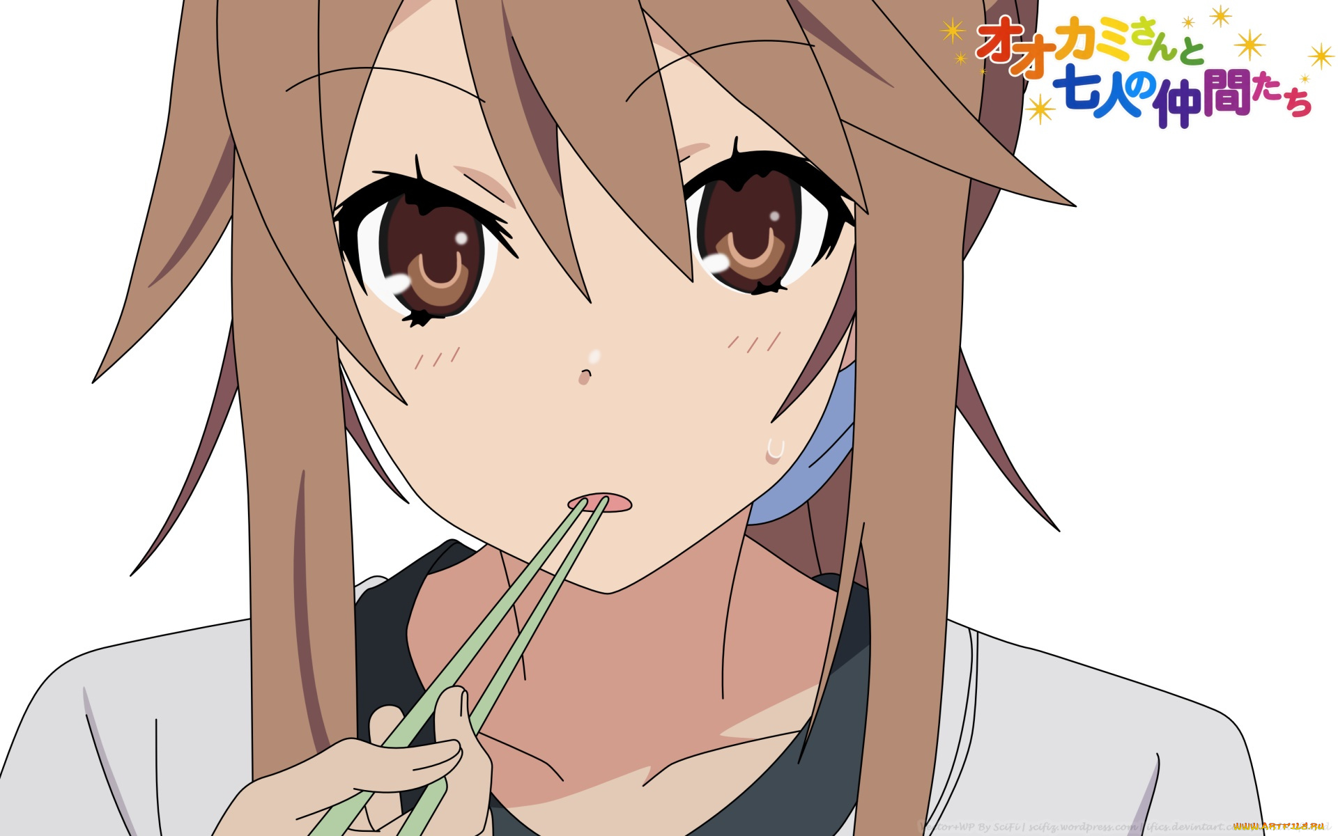 аниме, ookami-san, to, shichinin, no, nakama-tachi, девушка, взгляд, фон