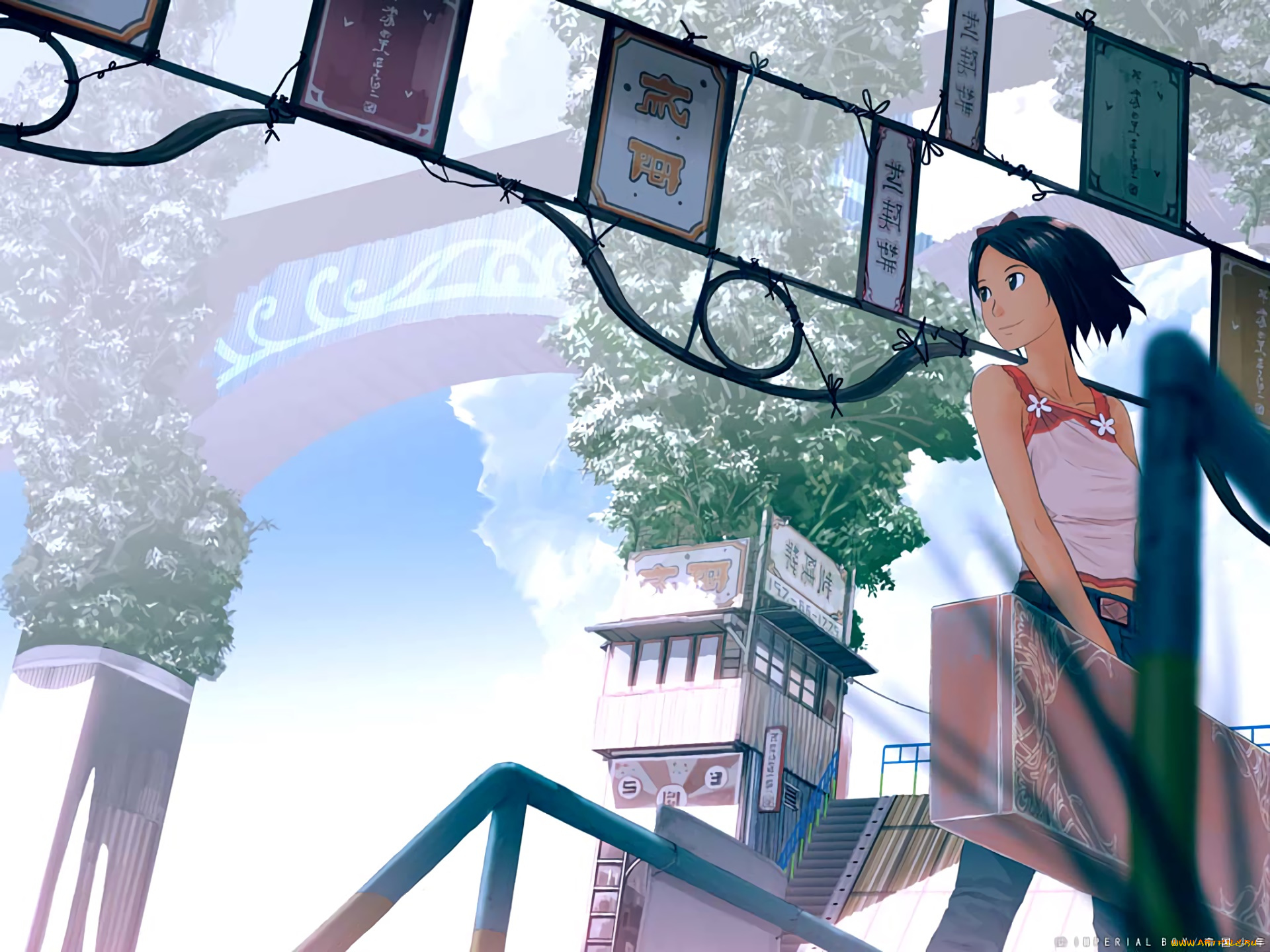 аниме, город, , улицы, , здания, девушка, взгляд, фон