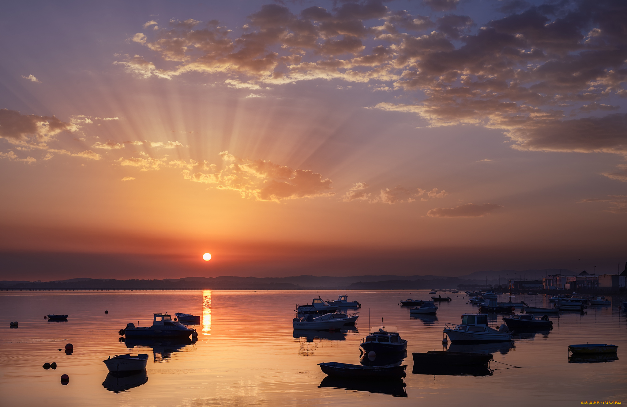 корабли, разные, вместе, закат