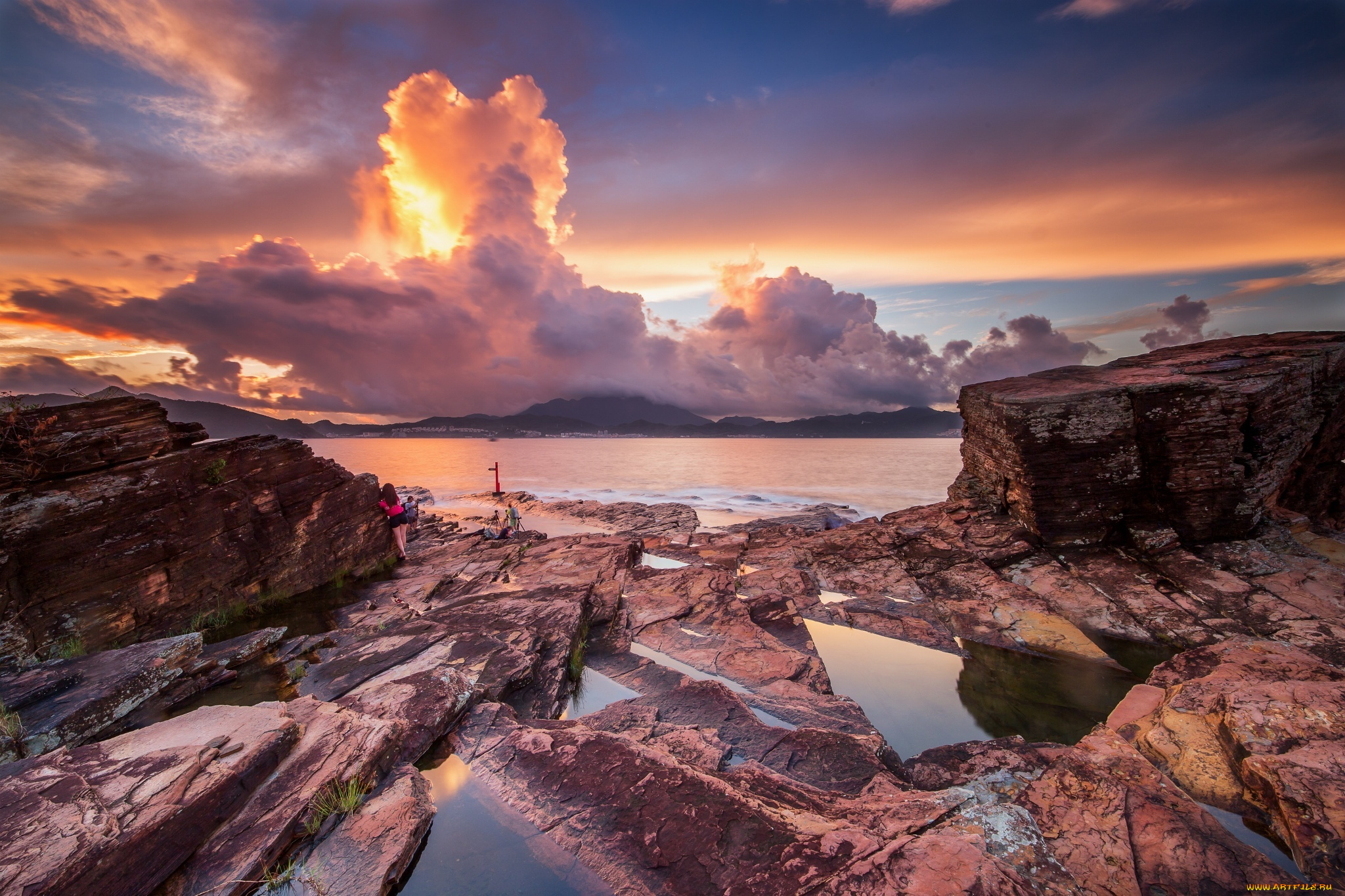 природа, побережье, закат, скалы, озеро, горы