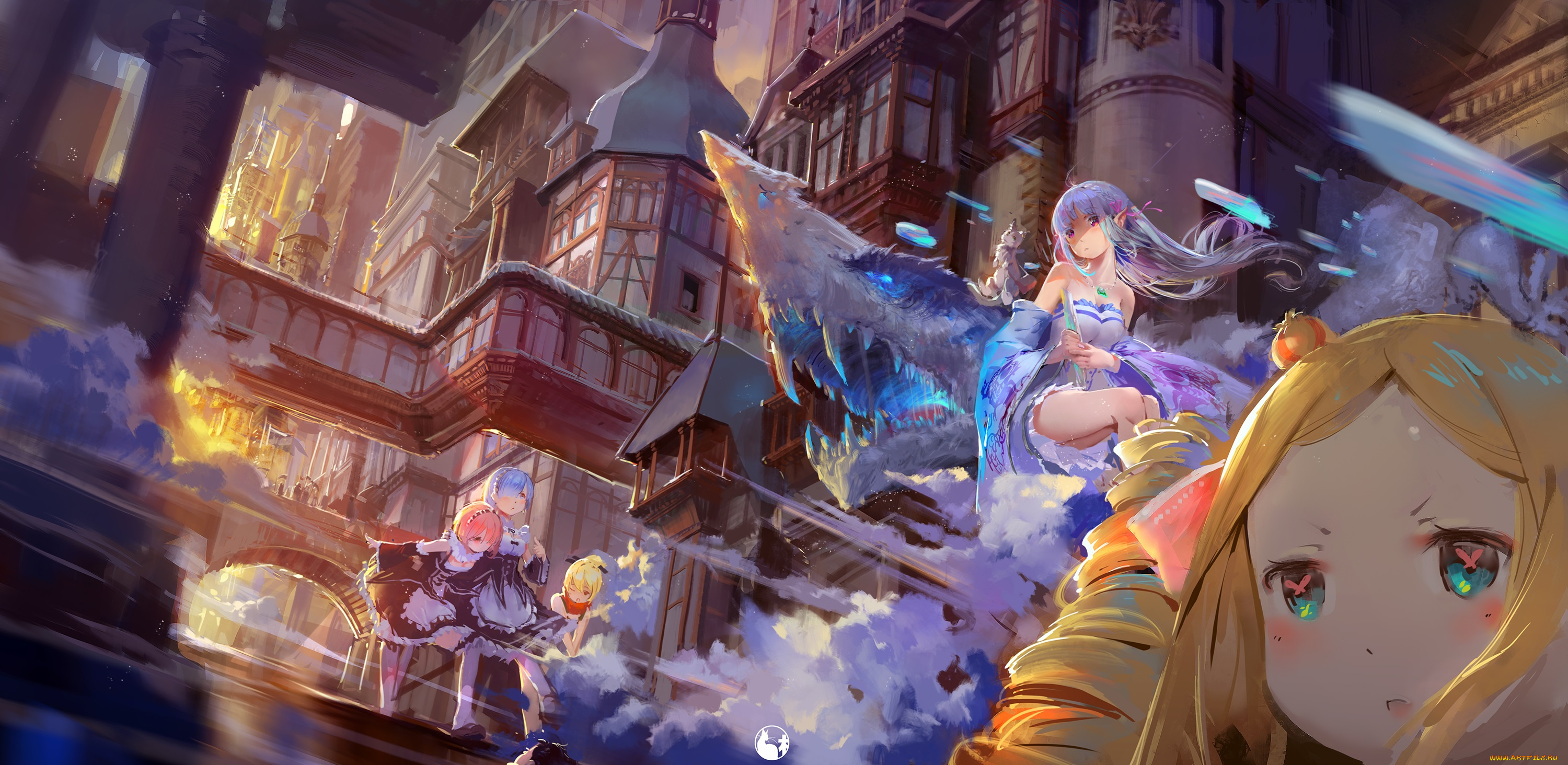 аниме, re, , zero, kara, hajimeru, isekai, seikatsu, город, персонажи, арт, эмилия, рам, рем