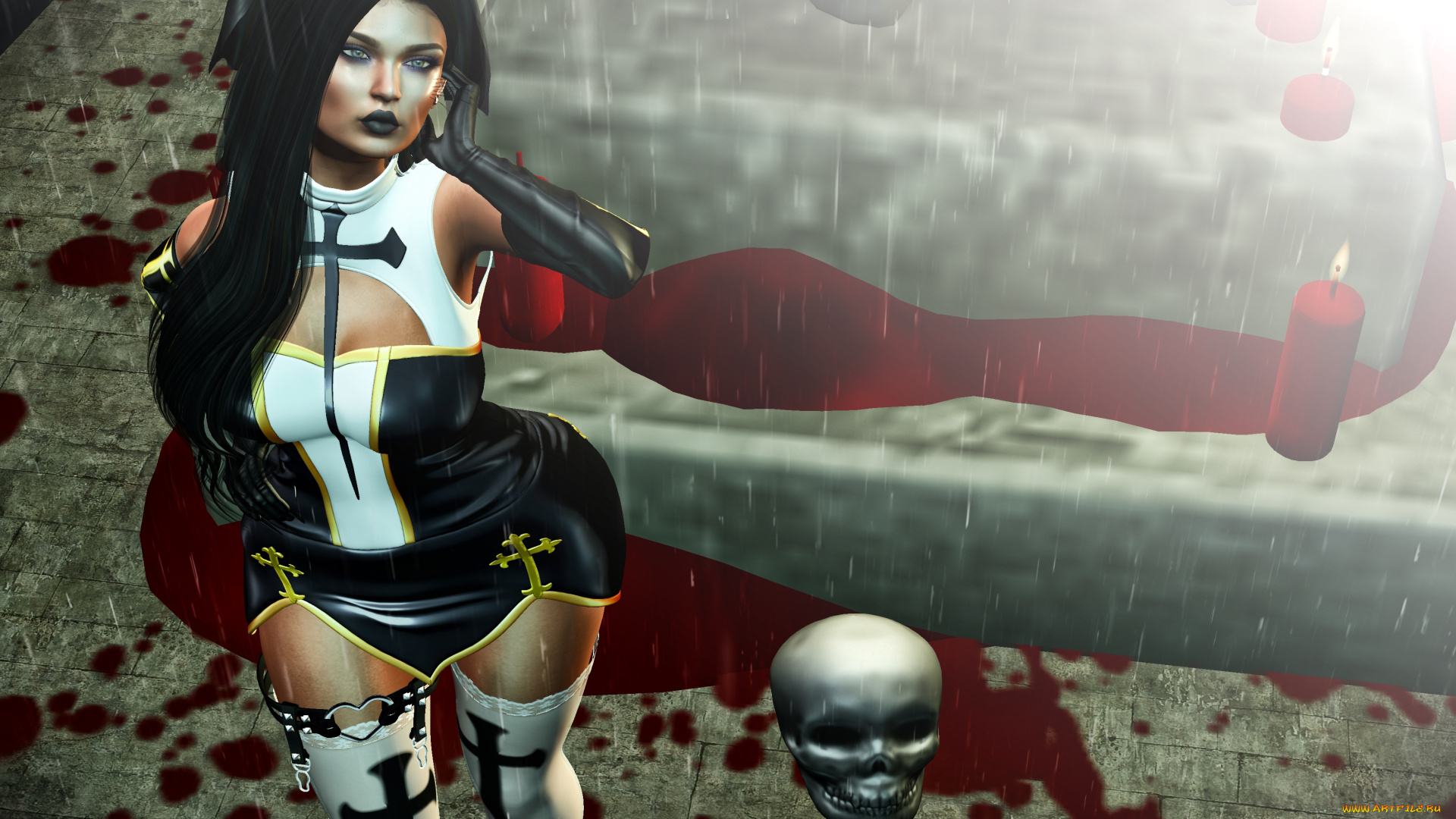 3d, девушка, 3д, графика, ужас, , horror, череп, 3d, готика, девушка, кровь, ужасы