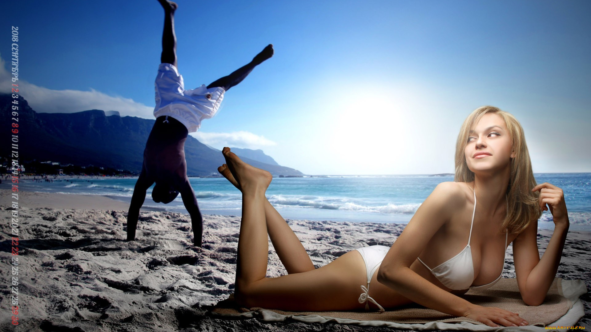 календари, девушки, парень, юноша, водоем, песок, пляж