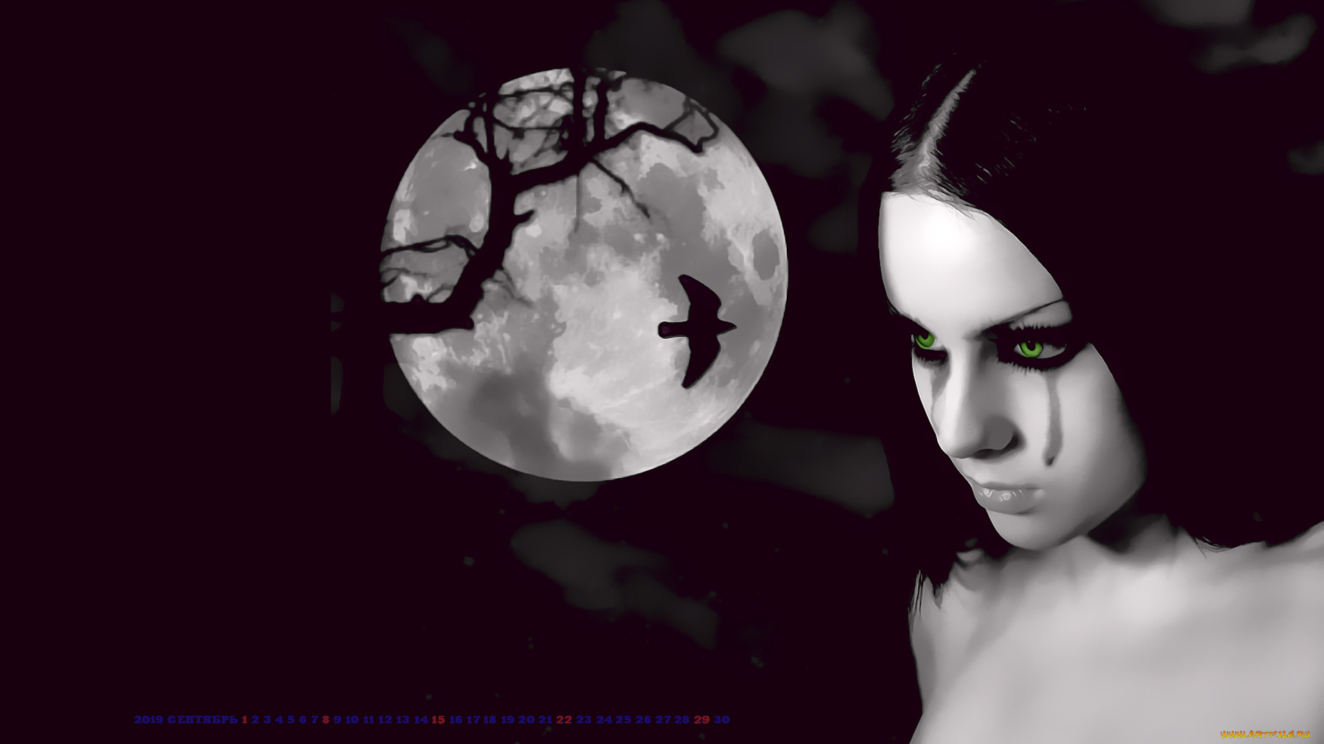 календари, фэнтези, 2019, ночь, calendar, птица, луна, девушка