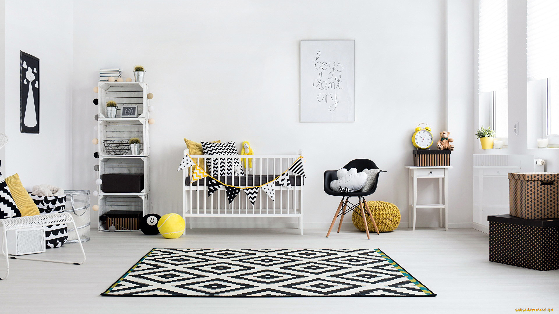 интерьер, детская, комната, ковер, кроватка, полки