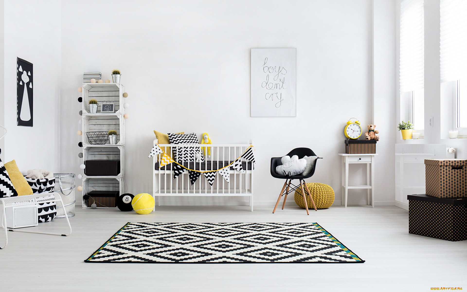 интерьер, детская, комната, ковер, кроватка, полки