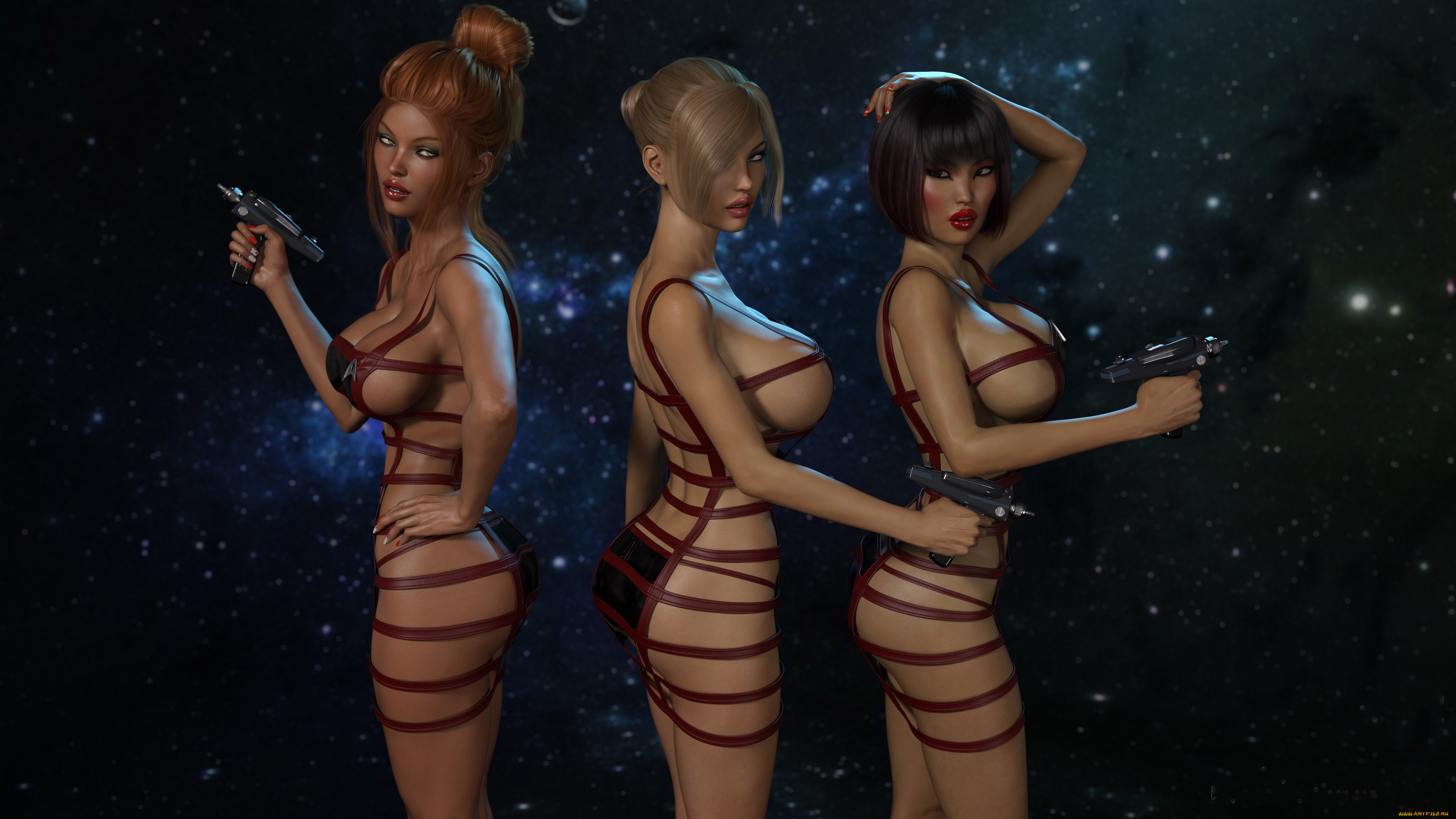 3д, графика, фантазия, , fantasy, девушки, фон, взгляд, униформа