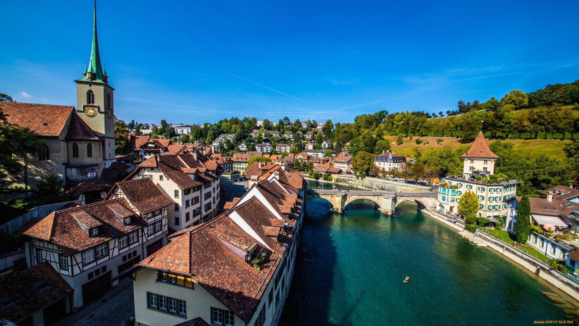 города, берн, , швейцария, река, мост, панорама