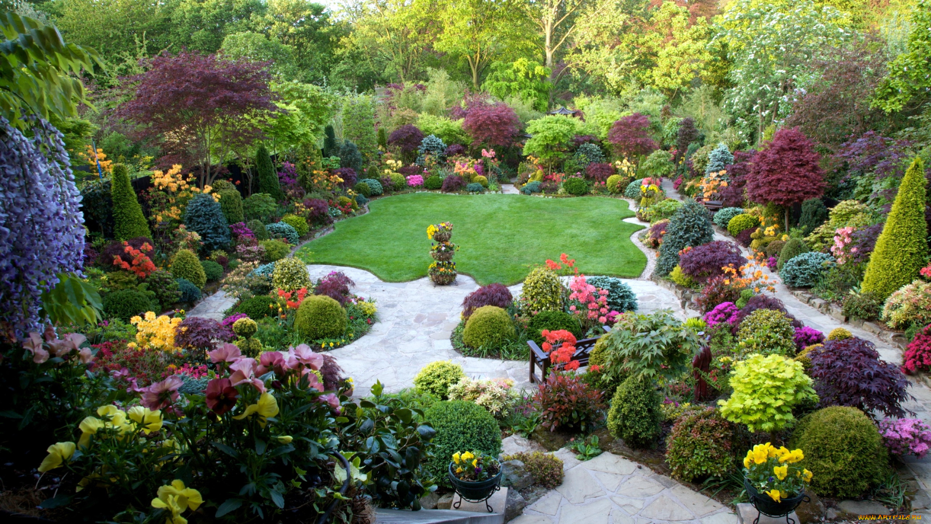 природа, парк, лужайка, клумбы, цветущие, кусты
