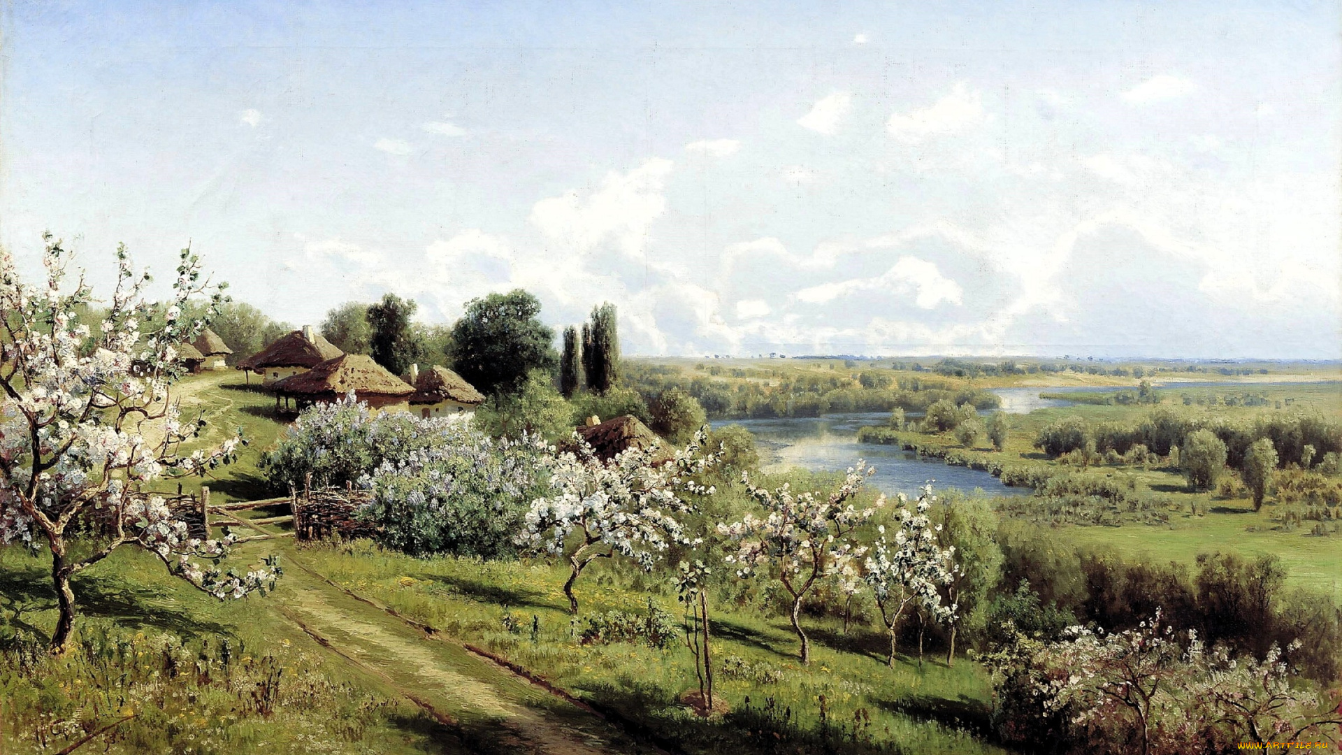 николай, сергеев, рисованное, деревня, дома, деревья, сад, река, весна, цветение
