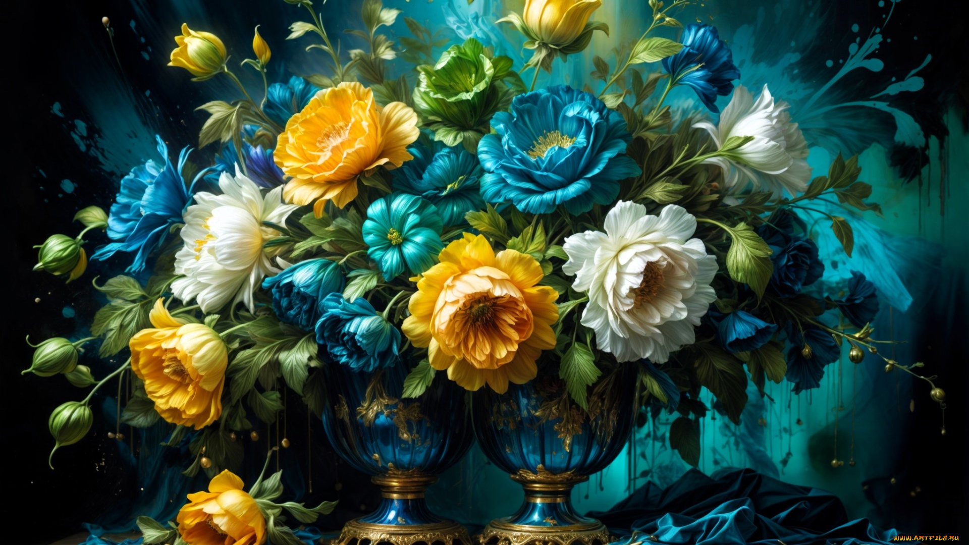 рисованное, цветы, вазы, тряпка, стол