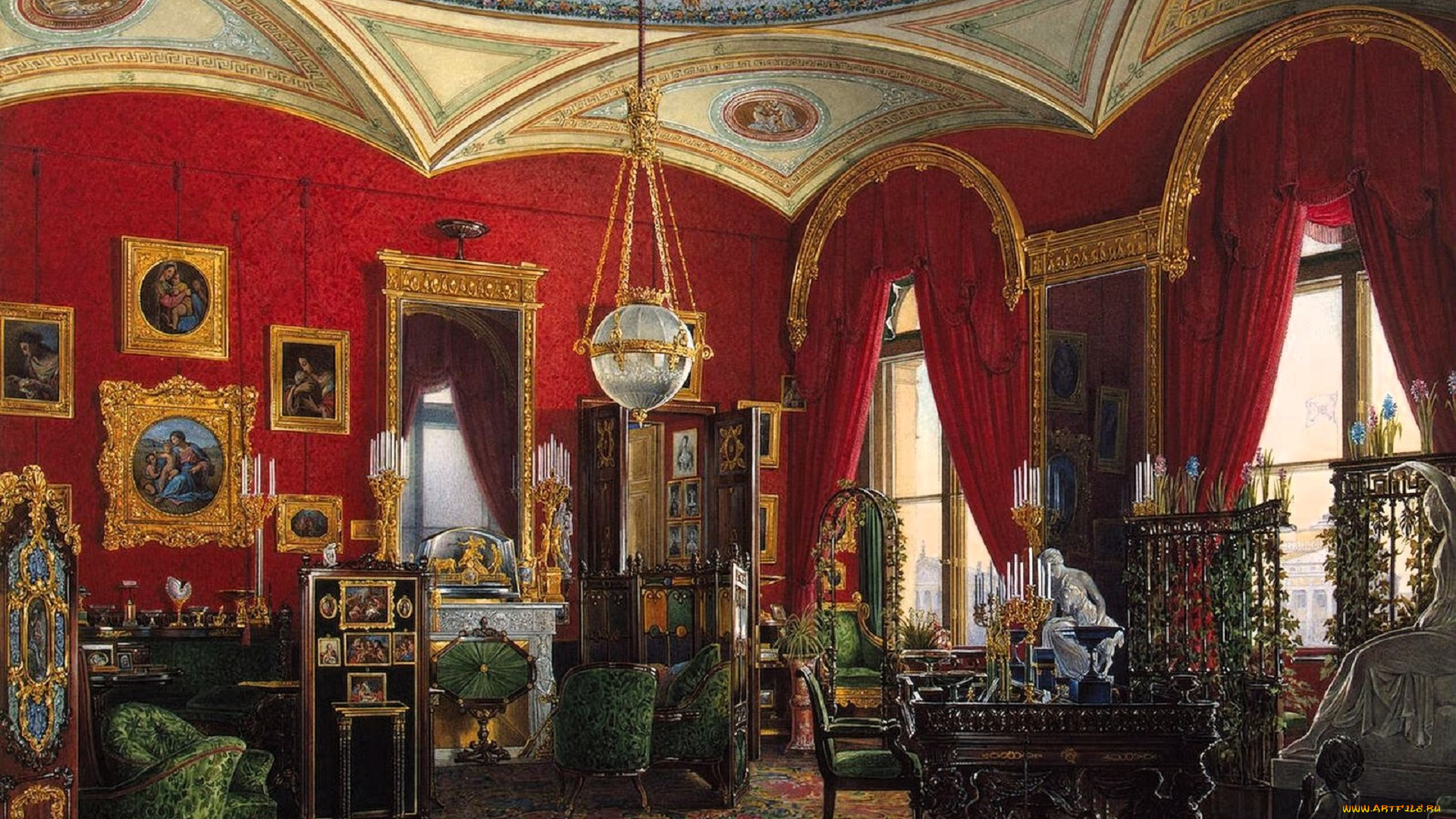 рисованное, эдуард, гау, дворец, интерьер, комната, лепнина, люстра, столы, стулья, окна, свечи