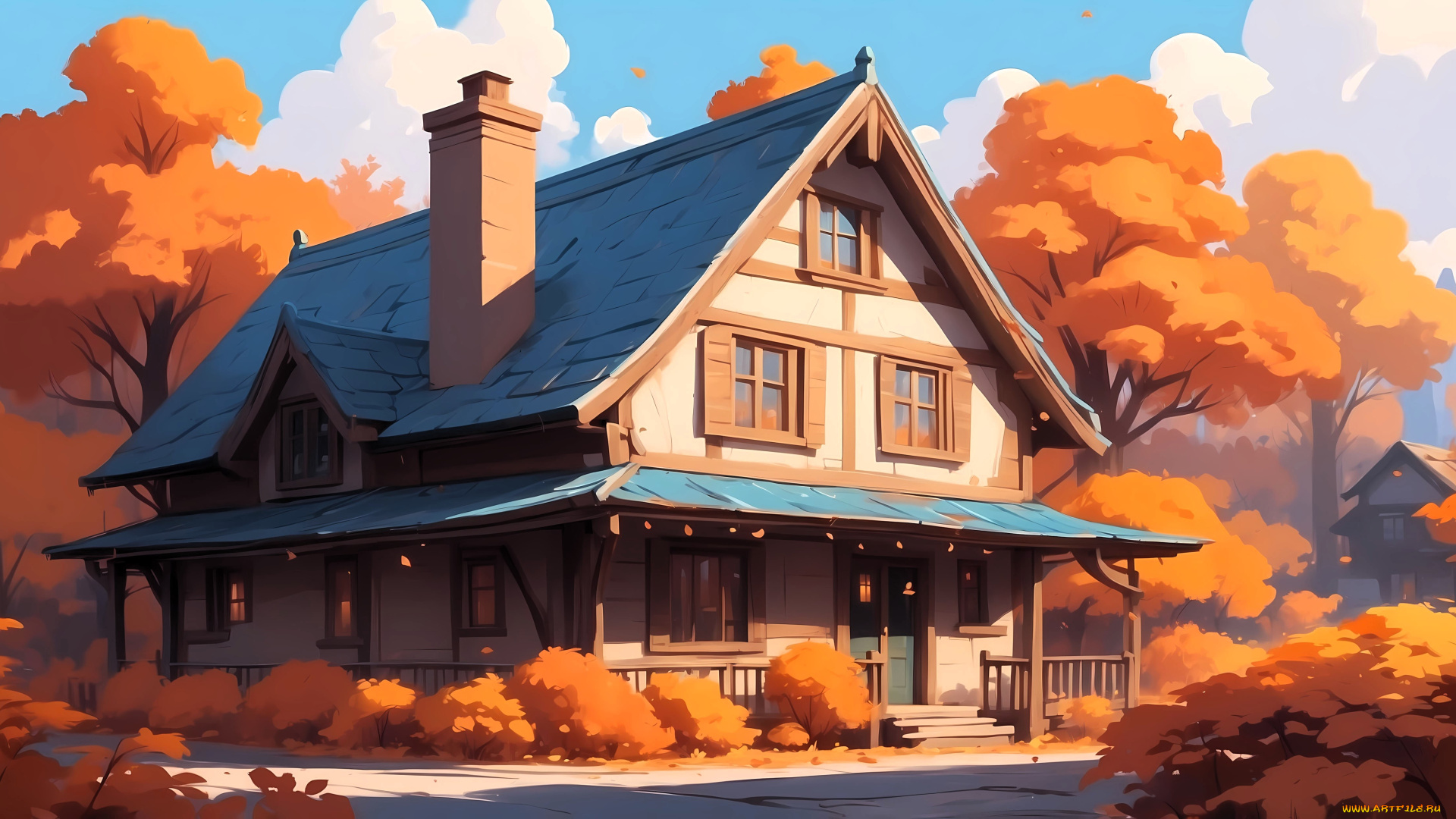 рисованное, города, дом, осень, деревья, листья