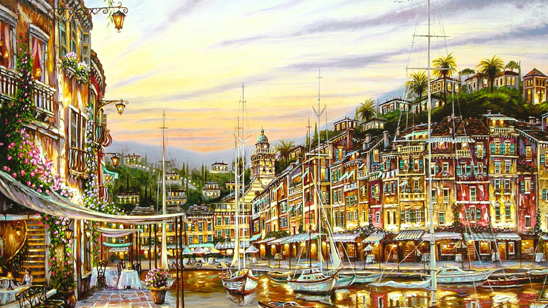 рисованное, robert, finale, город, дома, река, лодки, яхты