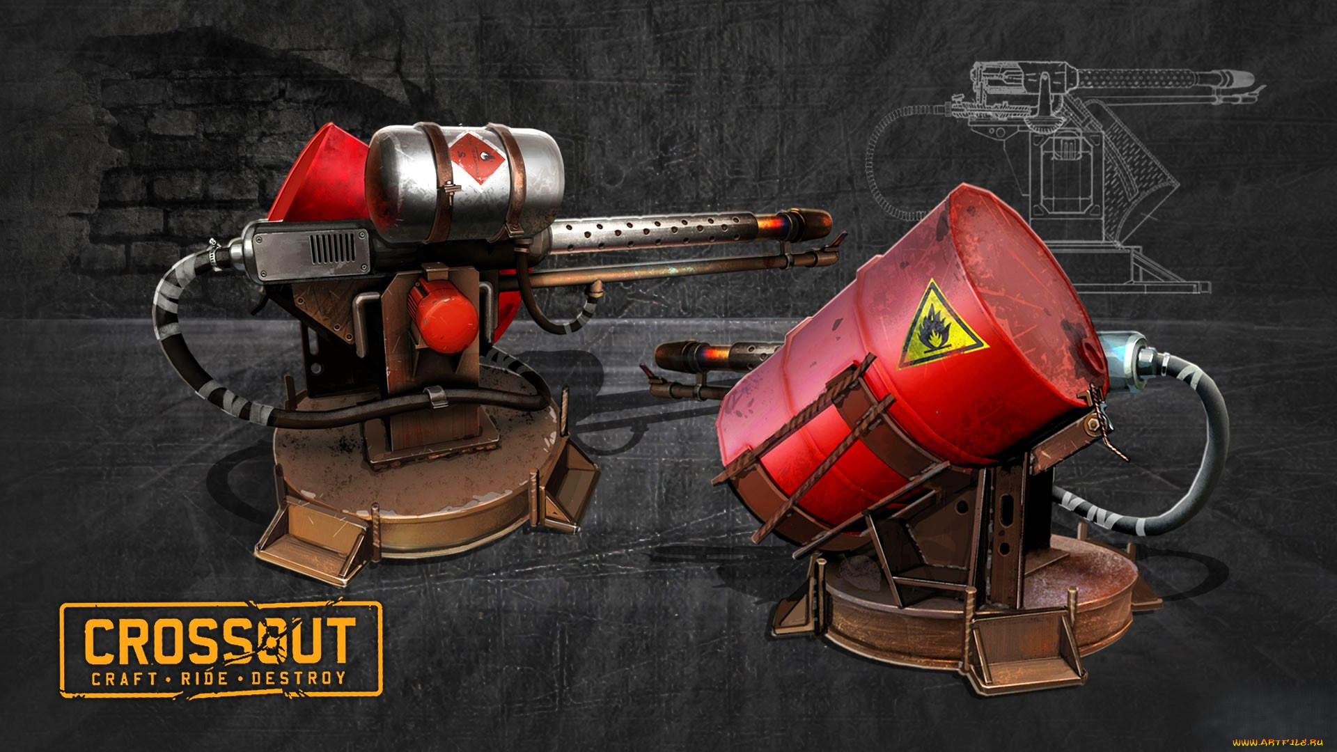 видео, игры, crossout, оружие, огнемет, бочка, топливо, чертеж, стена