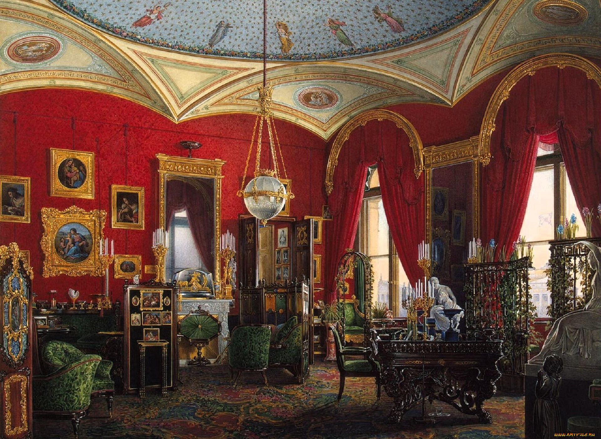 рисованное, эдуард, гау, дворец, интерьер, комната, лепнина, люстра, столы, стулья, окна, свечи