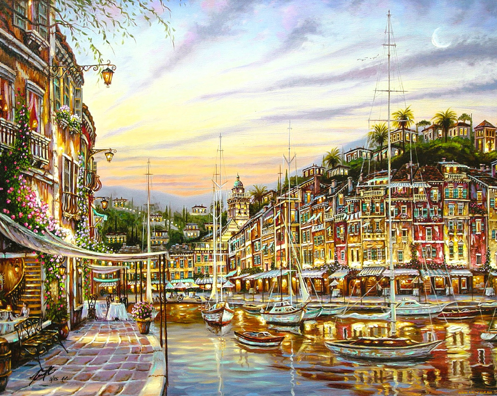 рисованное, robert, finale, город, дома, река, лодки, яхты