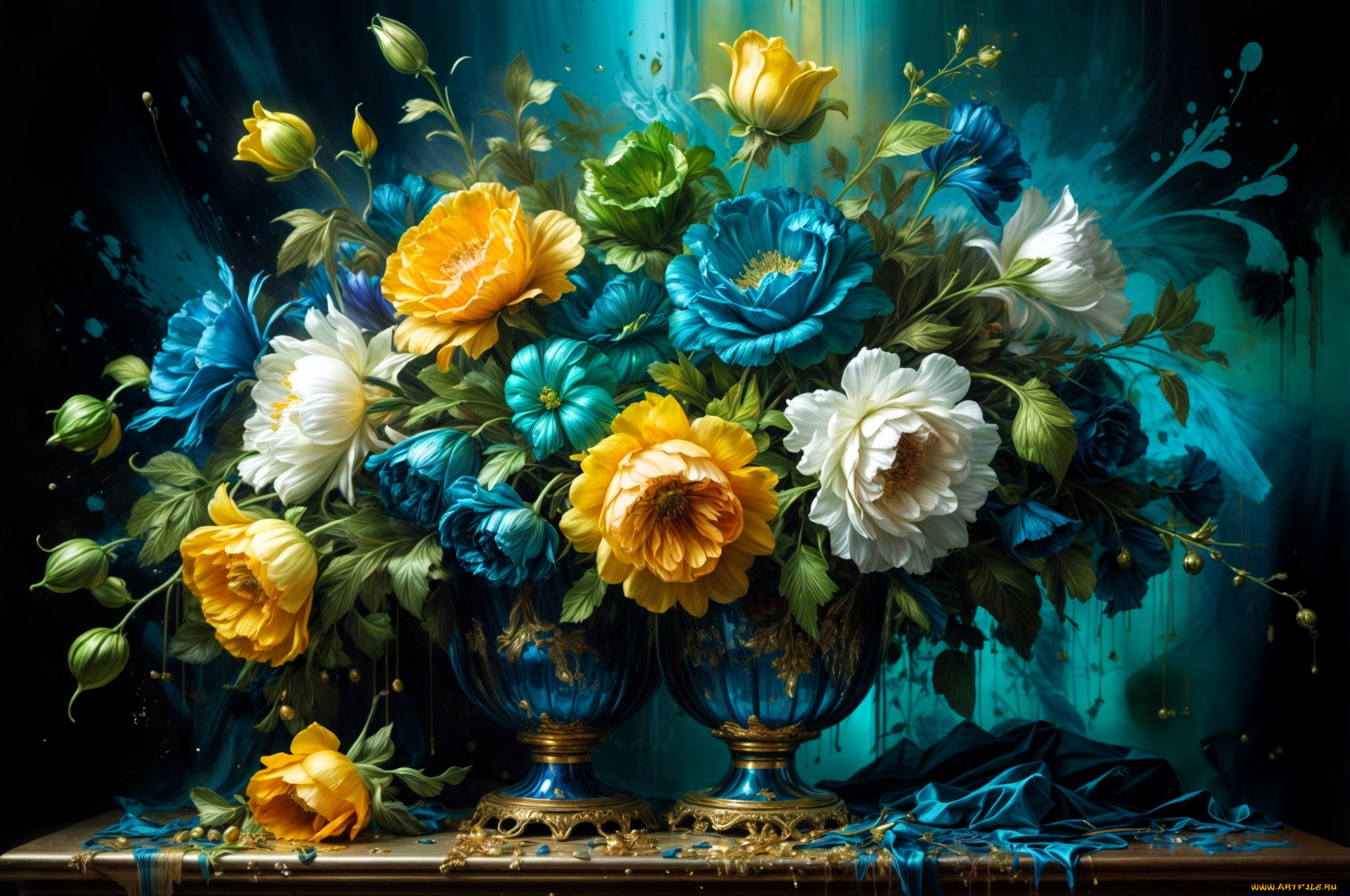 рисованное, цветы, вазы, тряпка, стол