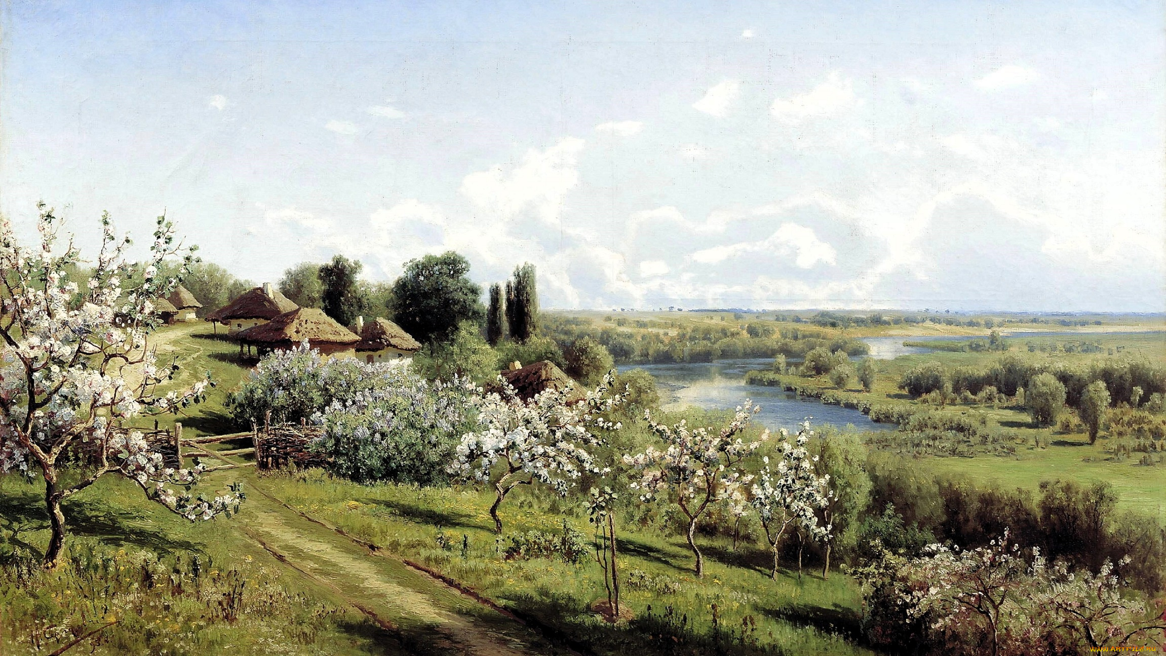 николай, сергеев, рисованное, деревня, дома, деревья, сад, река, весна, цветение