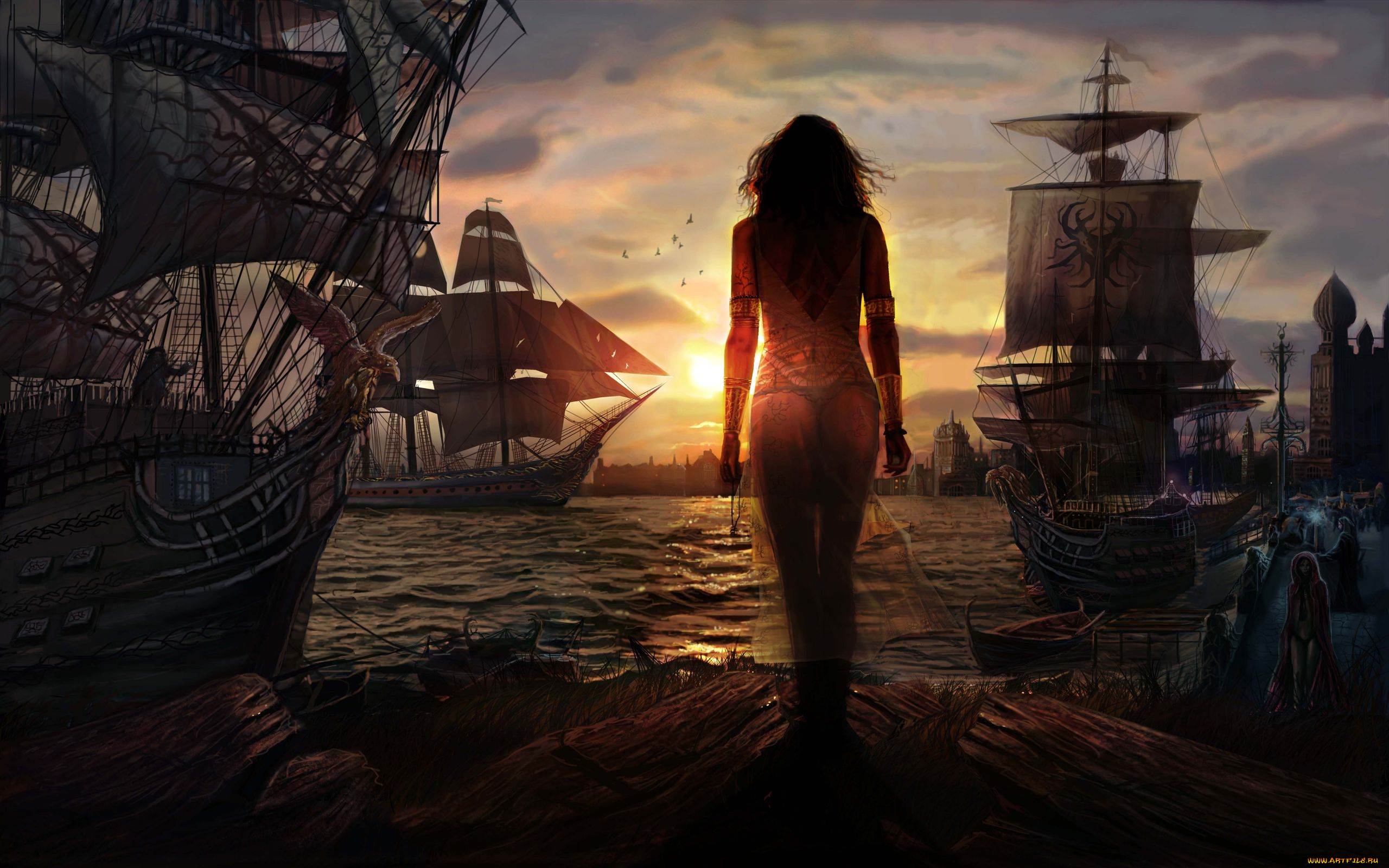фэнтези, девушки, парусники, порт, девушка